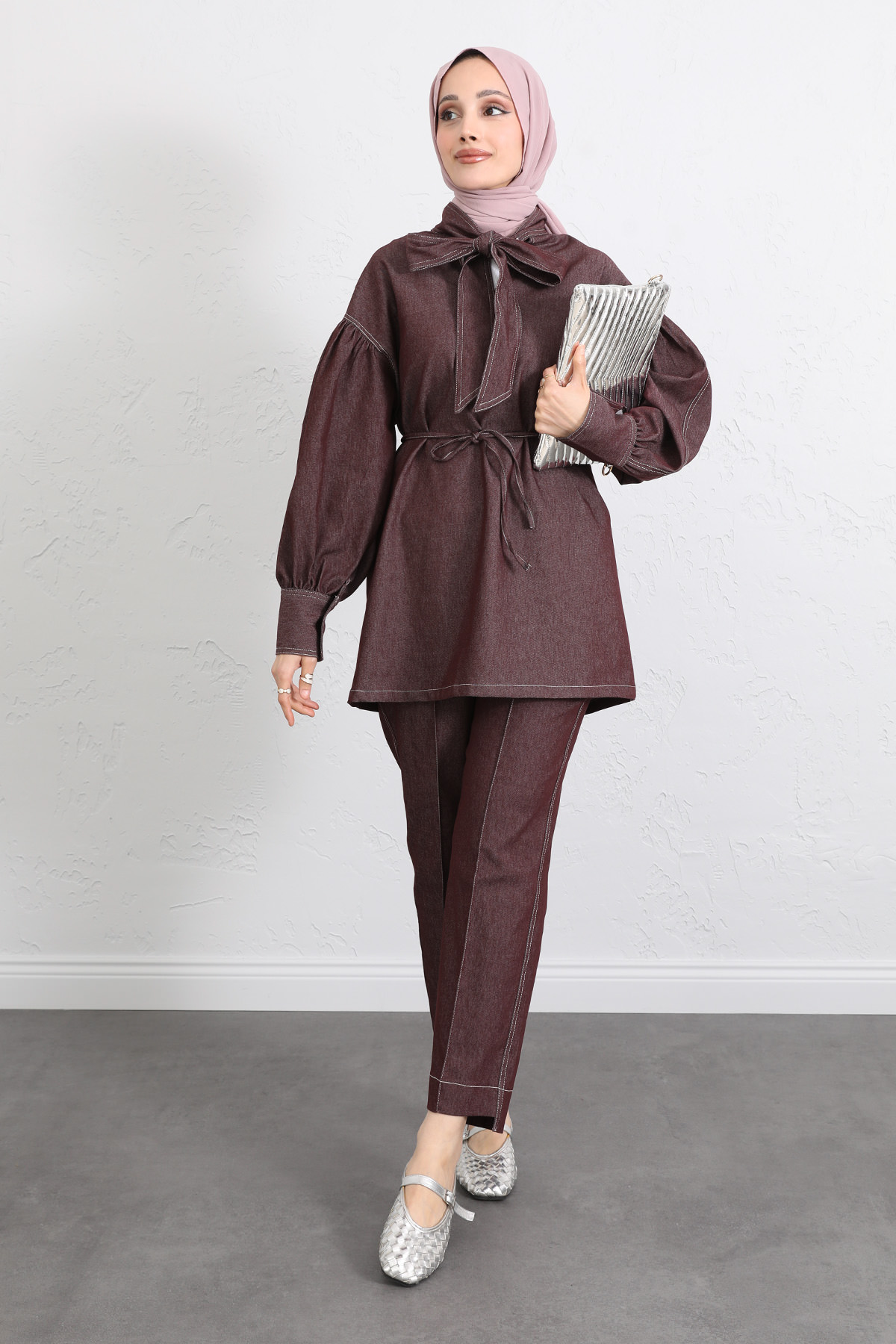 Yaka Bağlamalı Denim Takım Y0114 - BORDO |  