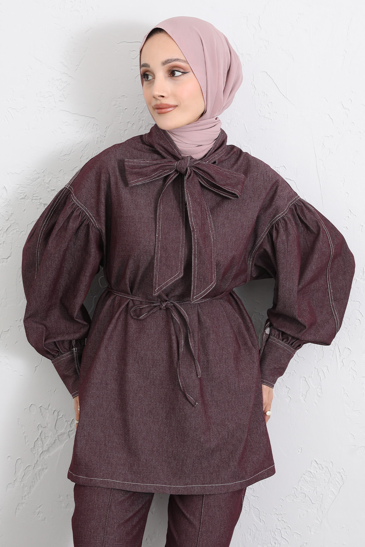 Yaka Bağlamalı Denim Takım Y0114 - BORDO |  