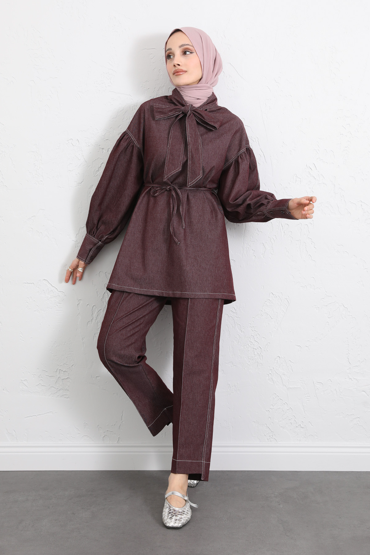 Yaka Bağlamalı Denim Takım Y0114 - BORDO |  