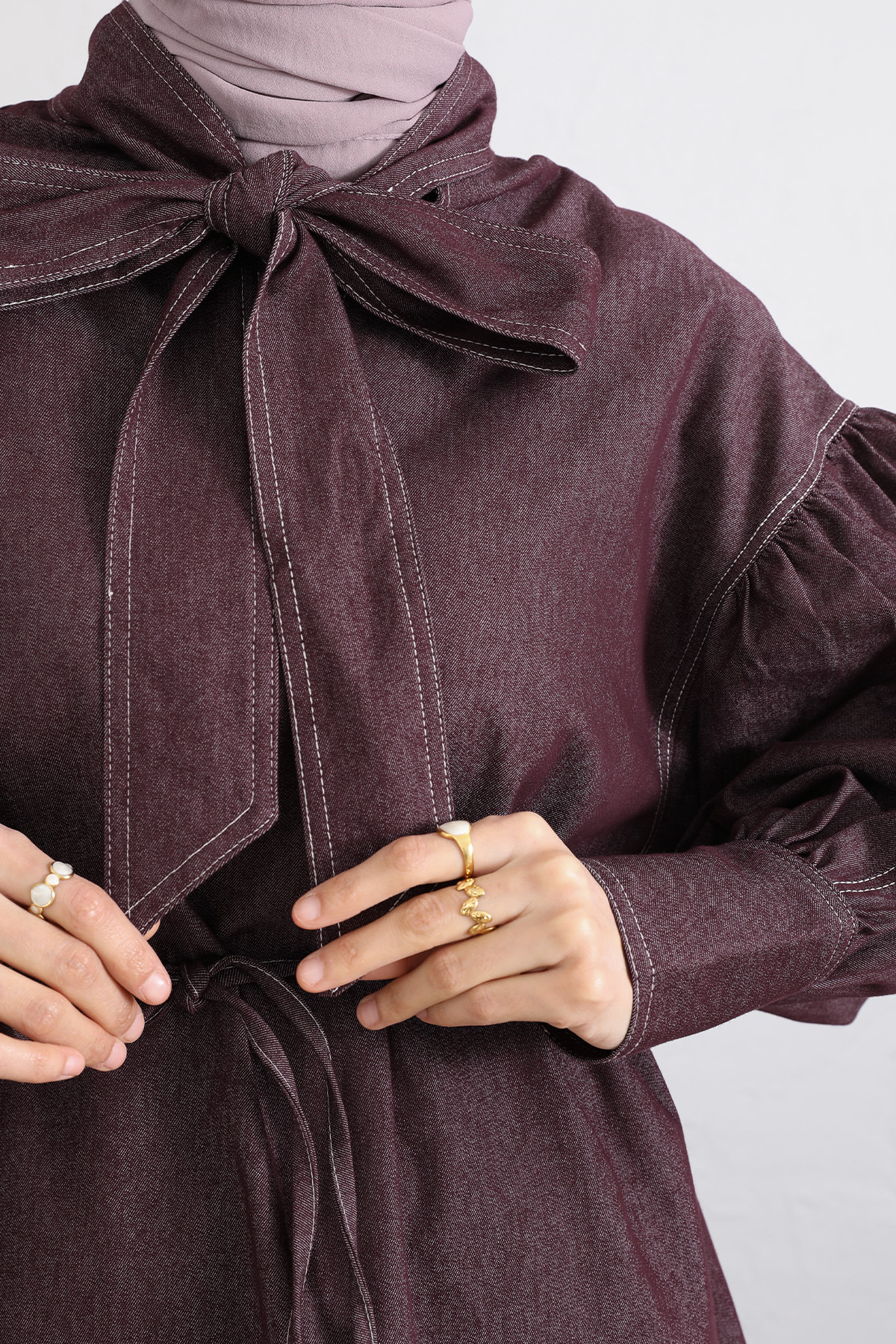 Yaka Bağlamalı Denim Takım Y0114 - BORDO |  