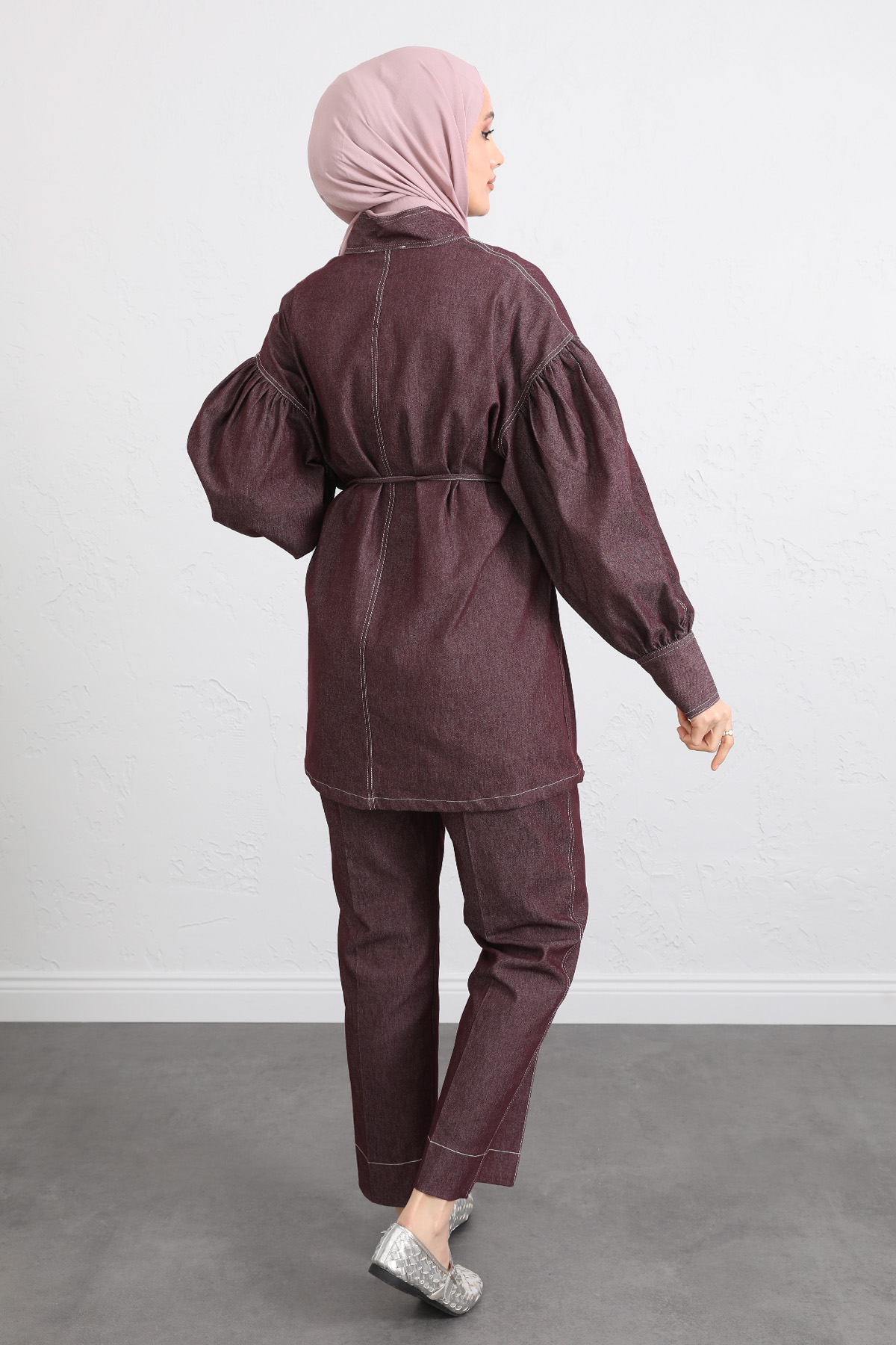 Yaka Bağlamalı Denim Takım Y0114 - BORDO |  