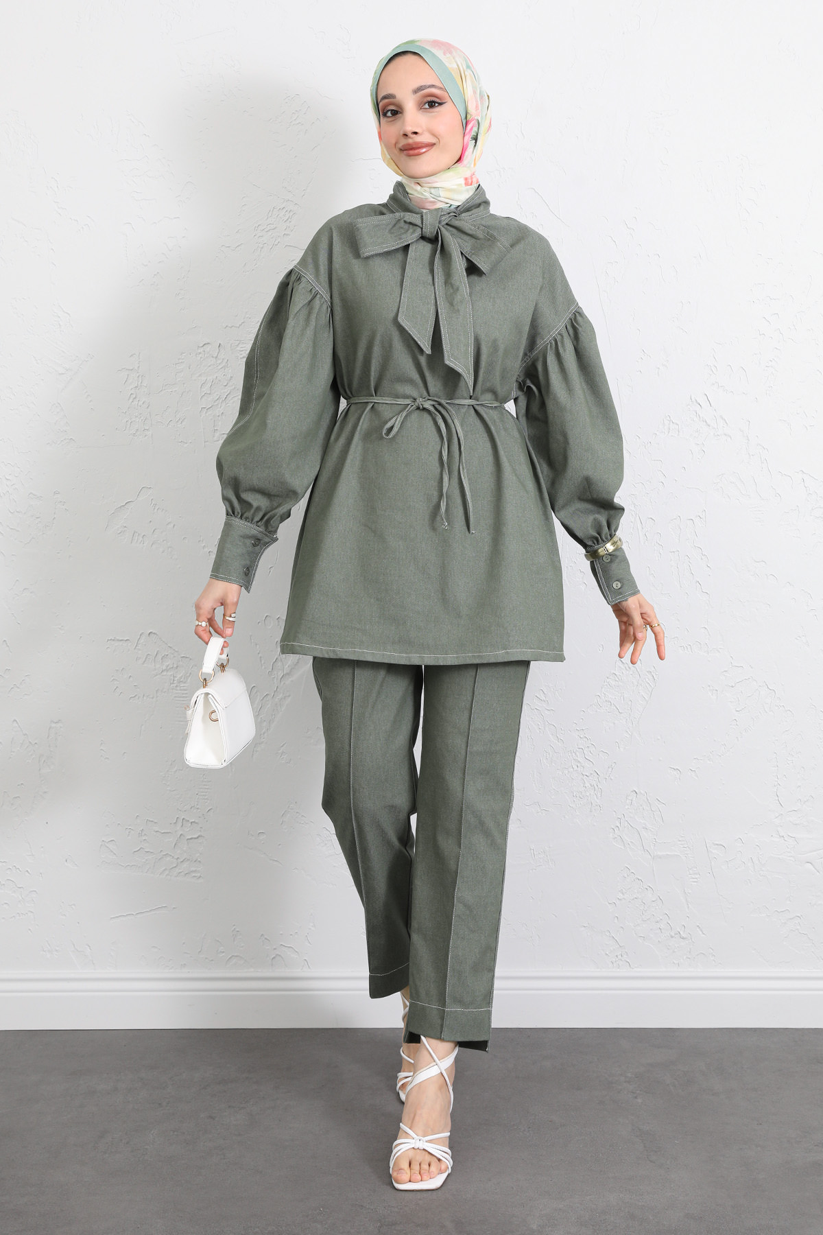 Yaka Bağlamalı Denim Takım Y0114 - HAKİ |  