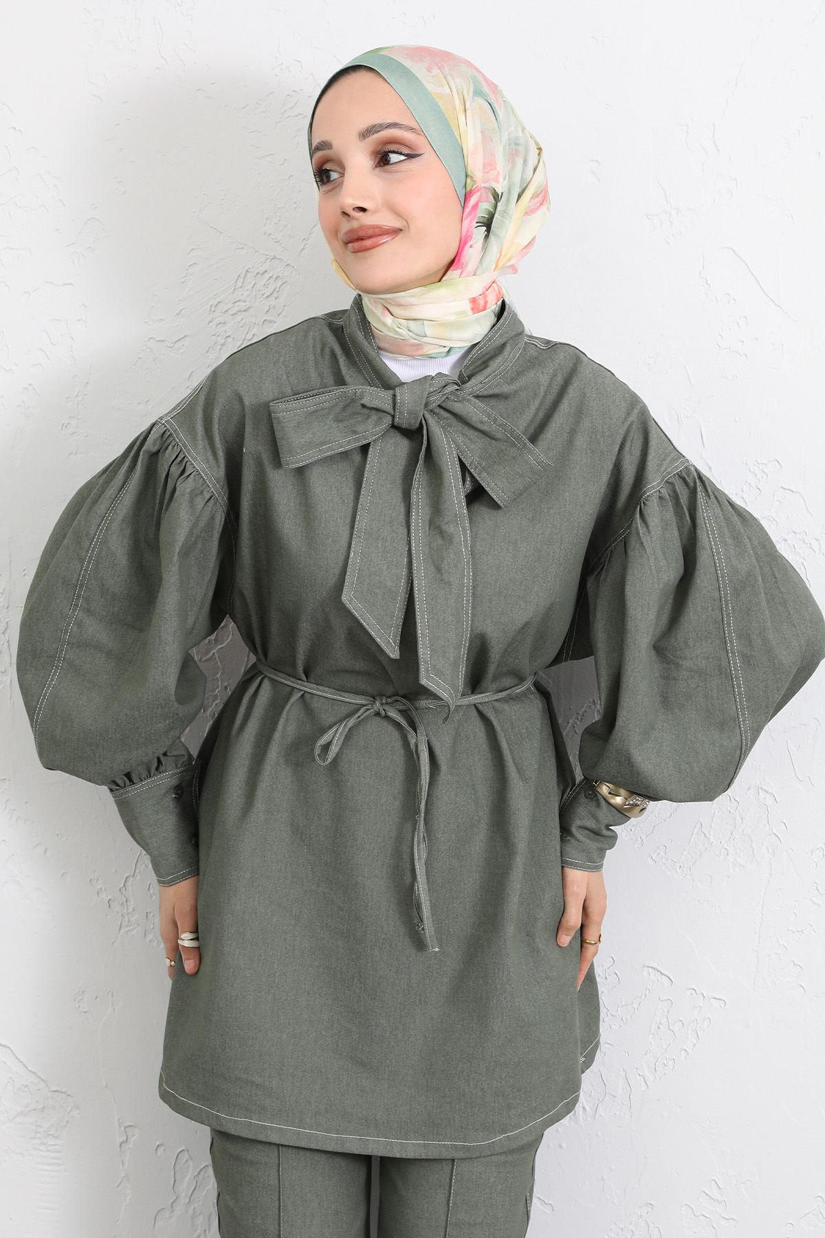 Yaka Bağlamalı Denim Takım Y0114 - HAKİ |  