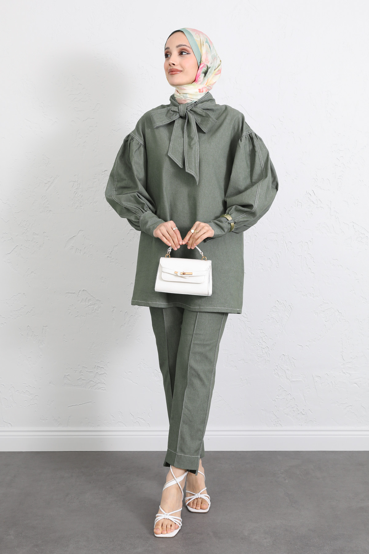 Yaka Bağlamalı Denim Takım Y0114 - HAKİ |  