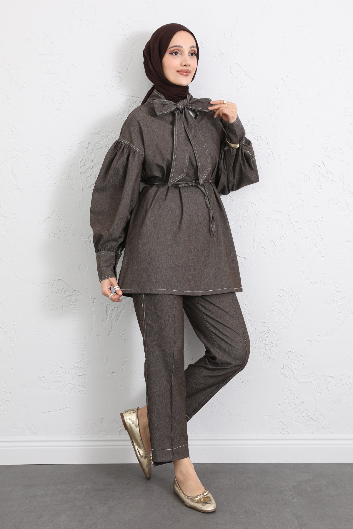 Yaka Bağlamalı Denim Takım Y0114 - KAHVERENGİ |  