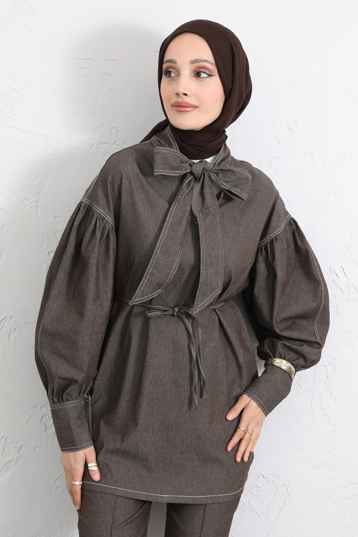 Yaka Bağlamalı Denim Takım Y0114 - KAHVERENGİ |  