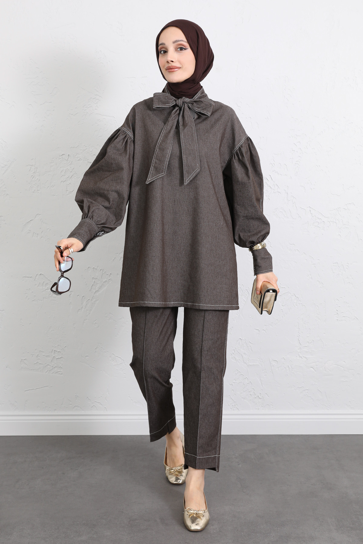 Yaka Bağlamalı Denim Takım Y0114 - KAHVERENGİ |  