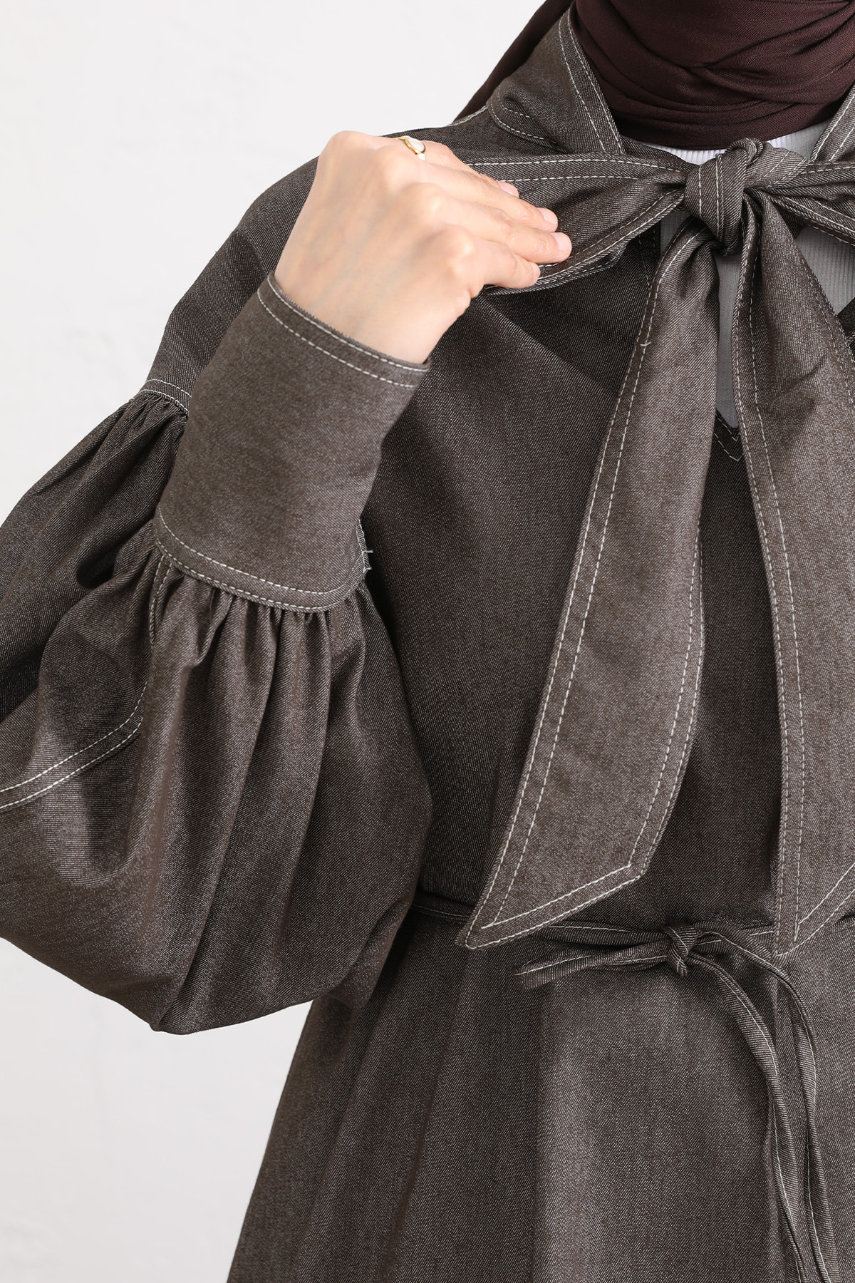 Yaka Bağlamalı Denim Takım Y0114 - KAHVERENGİ |  