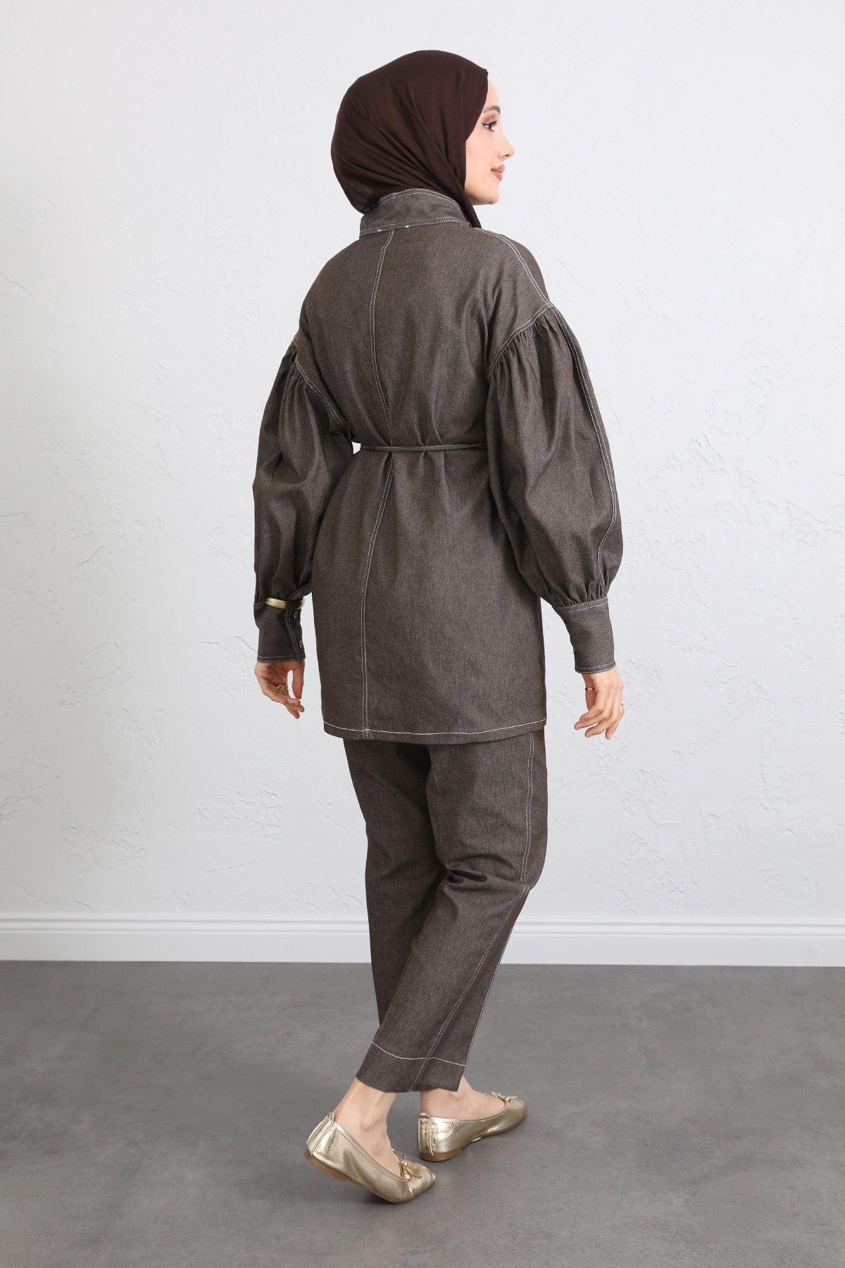 Yaka Bağlamalı Denim Takım Y0114 - KAHVERENGİ |  