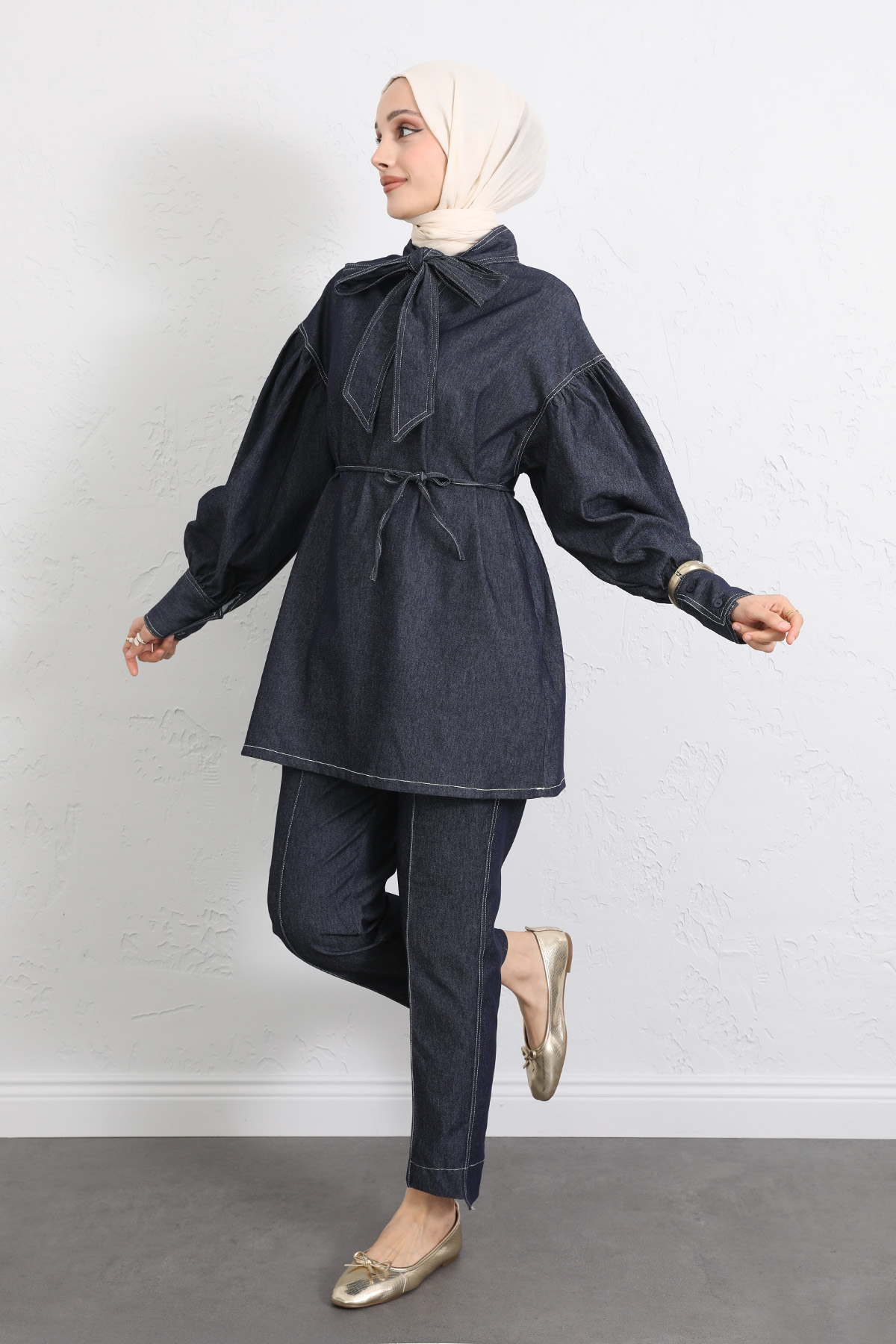 Yaka Bağlamalı Denim Takım Y0114 - LACİVERT |  