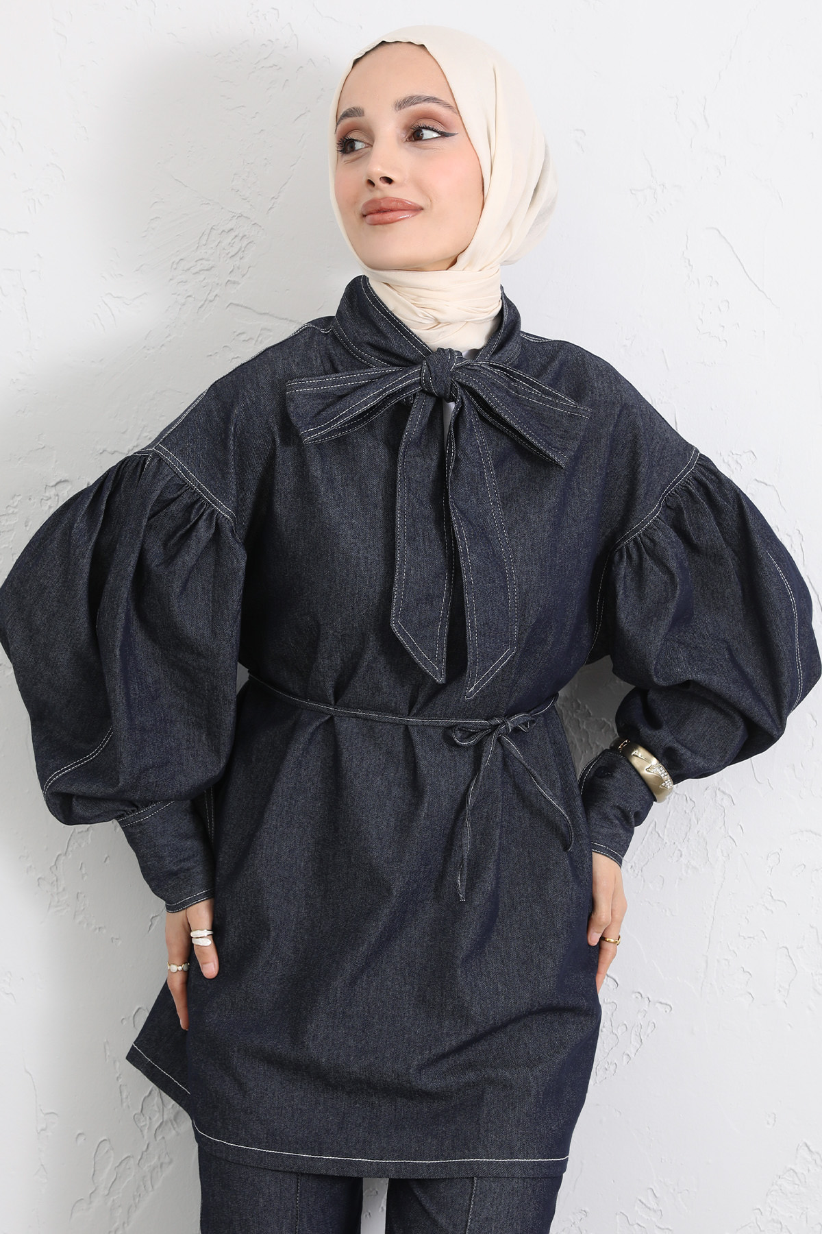 Yaka Bağlamalı Denim Takım Y0114 - LACİVERT |  