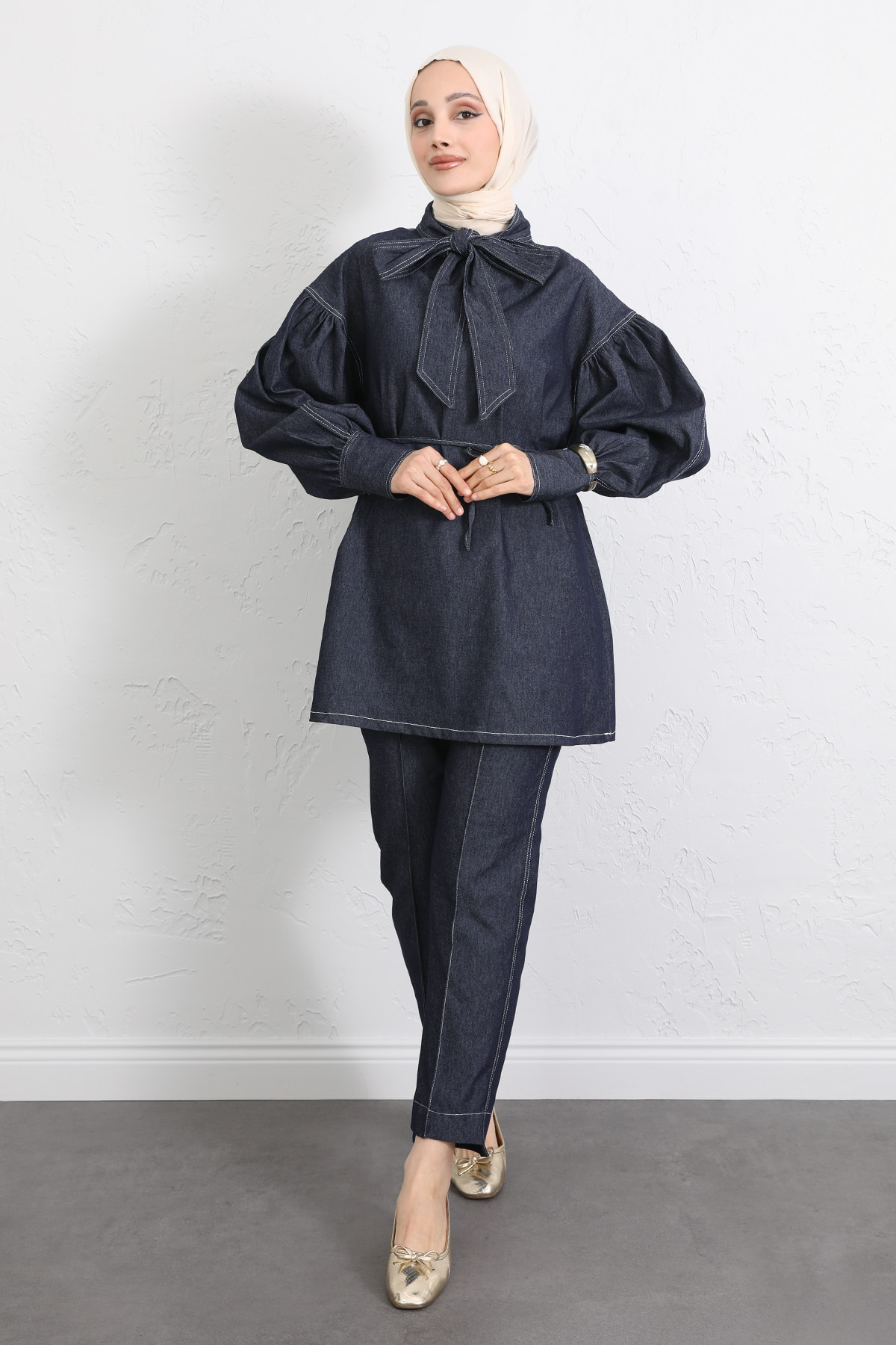 Yaka Bağlamalı Denim Takım Y0114 - LACİVERT |  