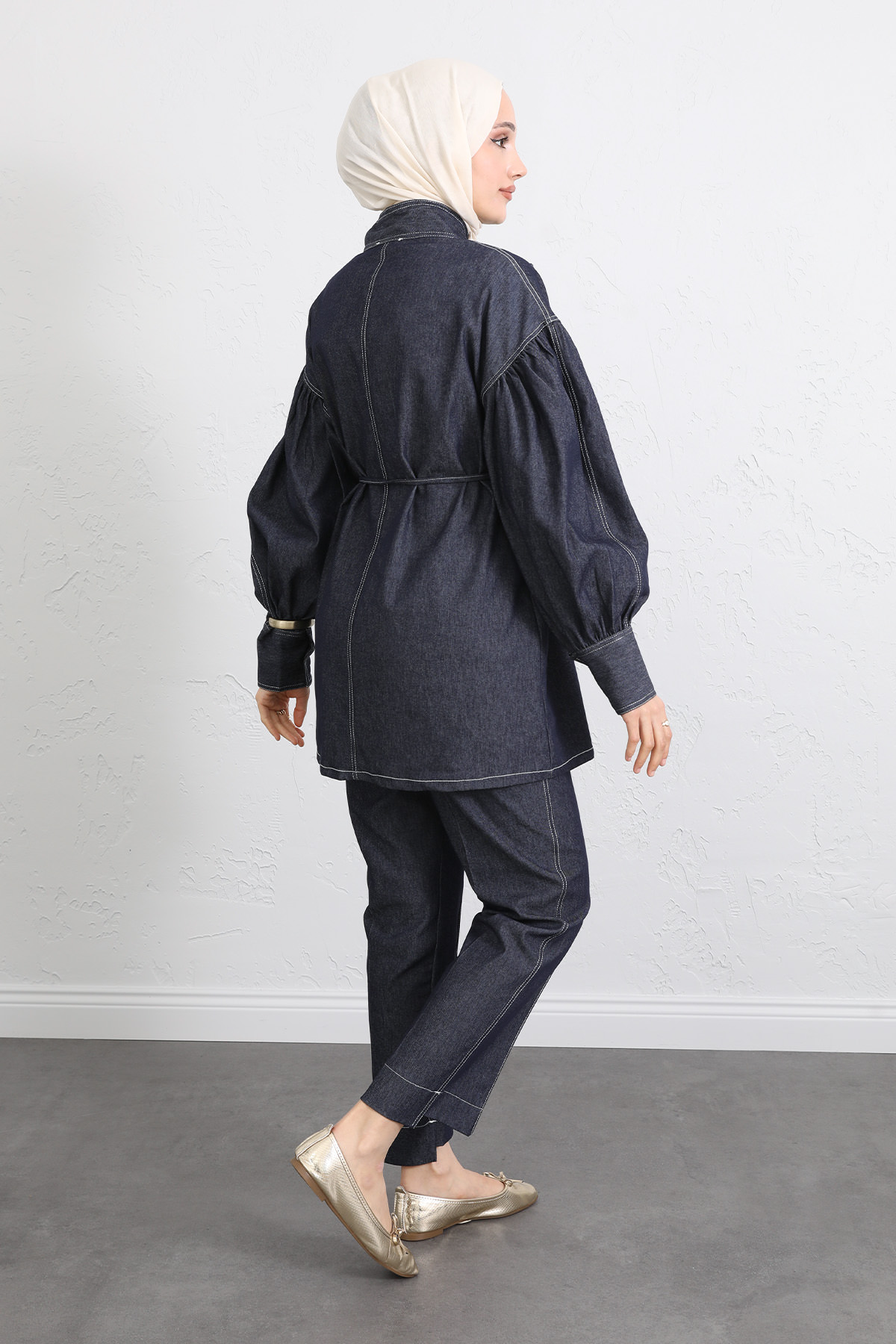 Yaka Bağlamalı Denim Takım Y0114 - LACİVERT |  