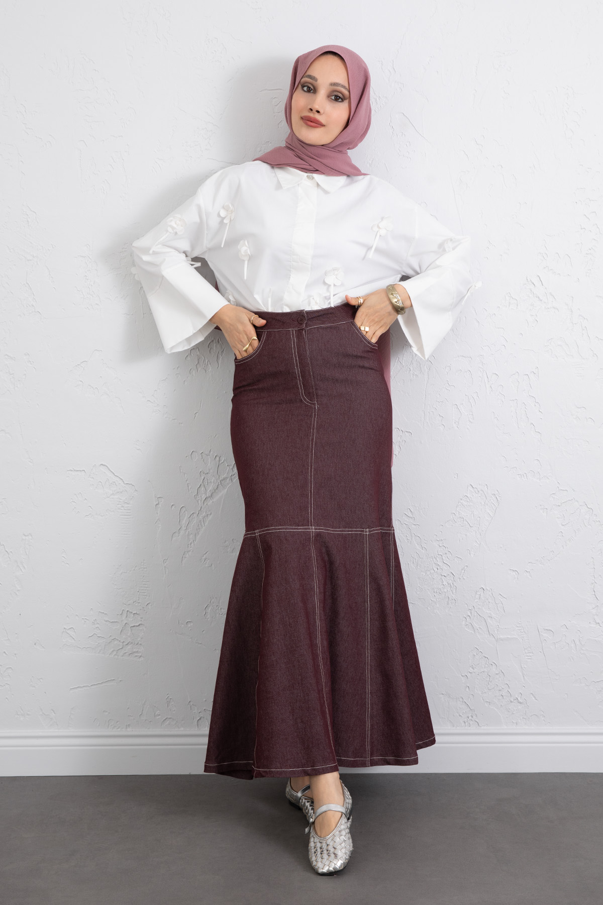 Kontrast Dikişli Denim Etek Y0115 - BORDO |  