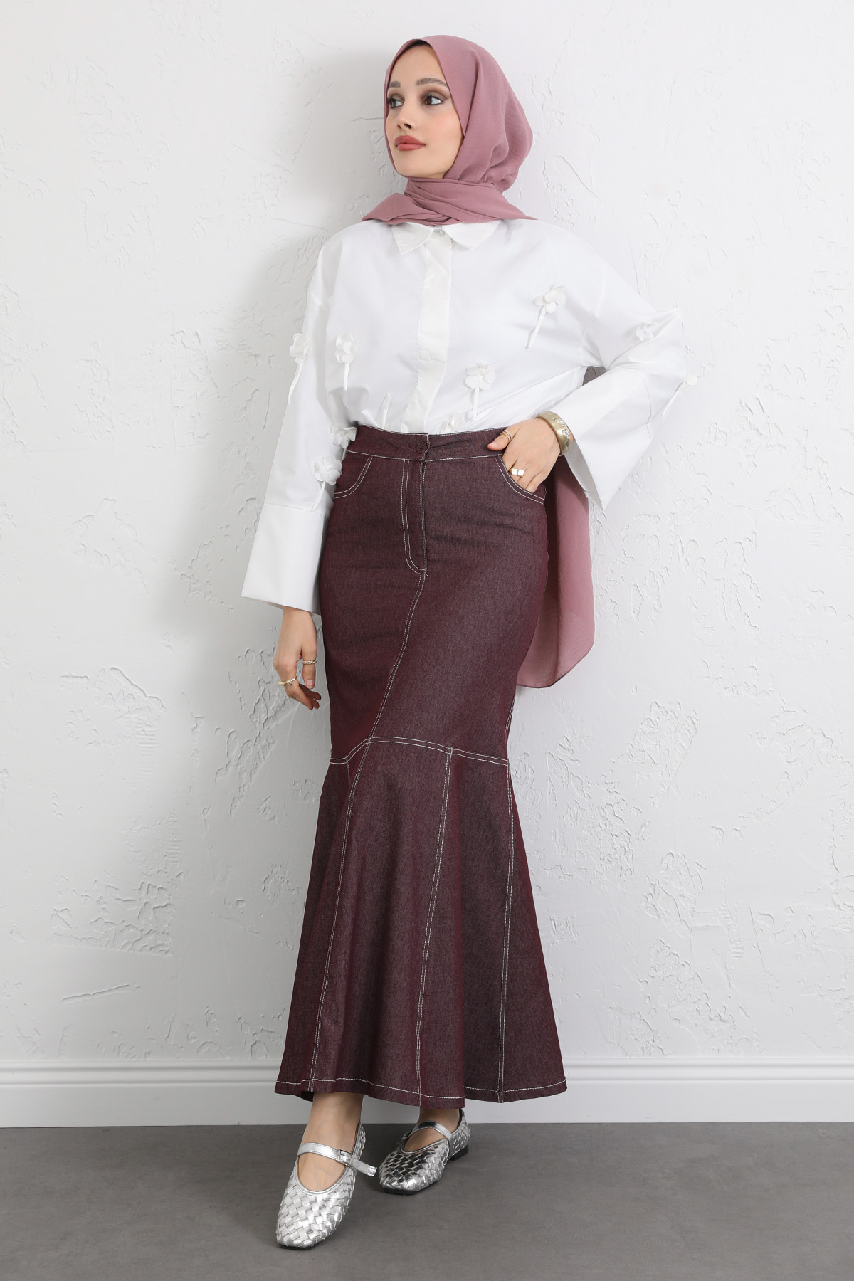 Kontrast Dikişli Denim Etek Y0115 - BORDO |  