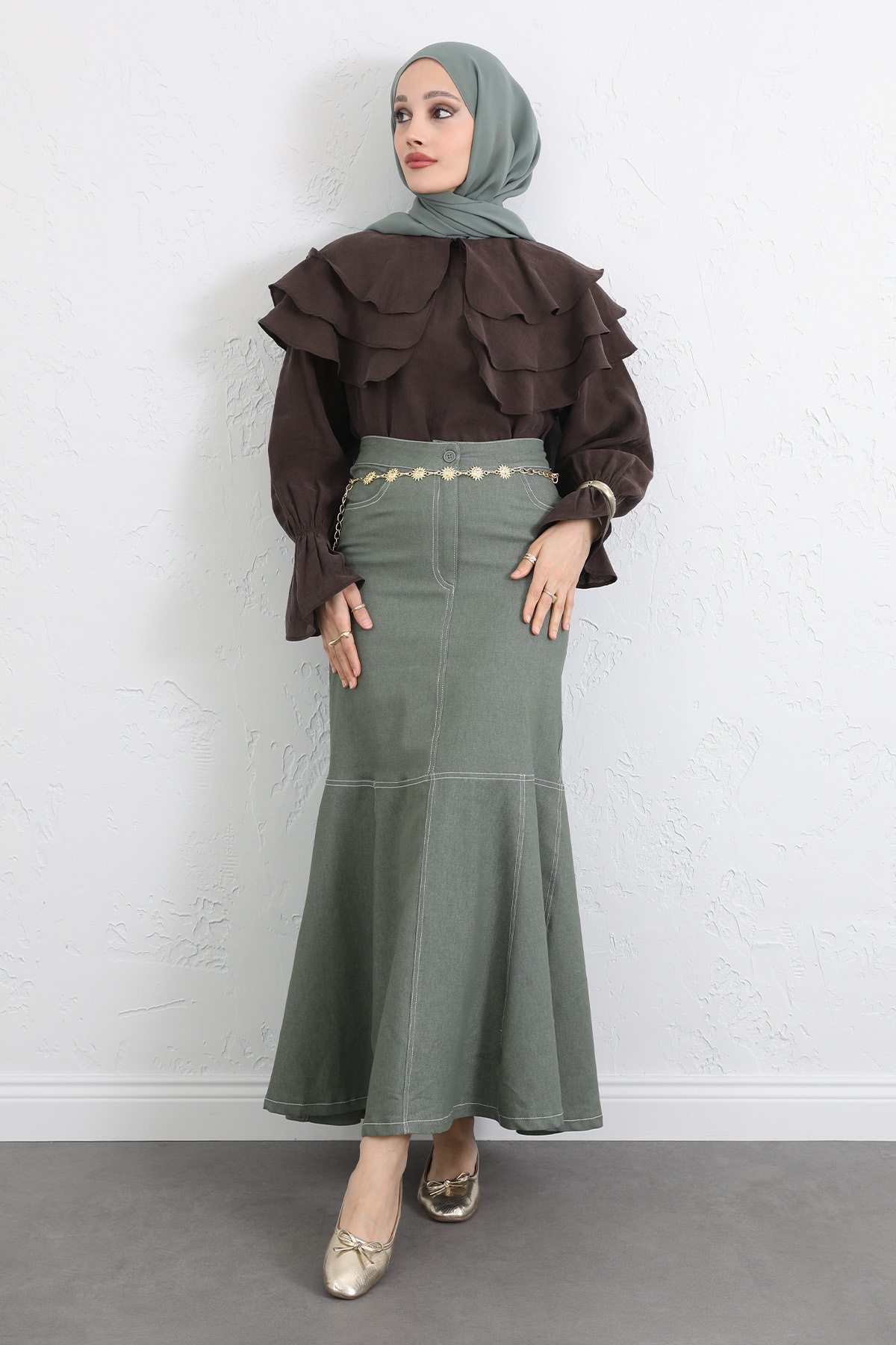 Kontrast Dikişli Denim Etek Y0115 - HAKİ |  