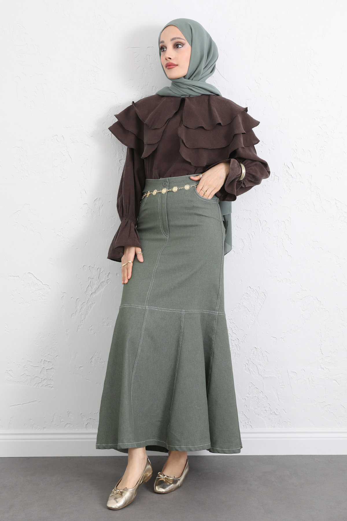 Kontrast Dikişli Denim Etek Y0115 - HAKİ |  