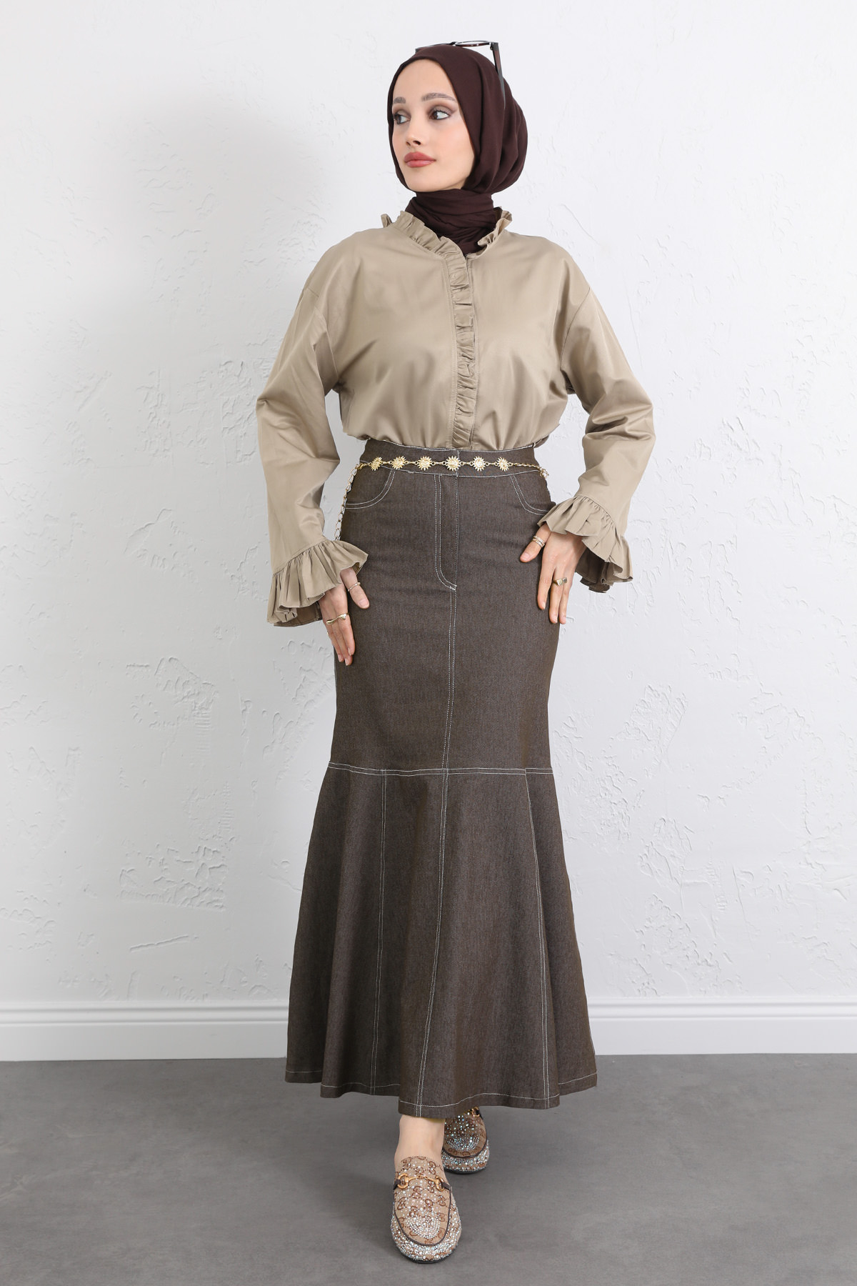 Kontrast Dikişli Denim Etek Y0115 - KAHVERENGİ |  