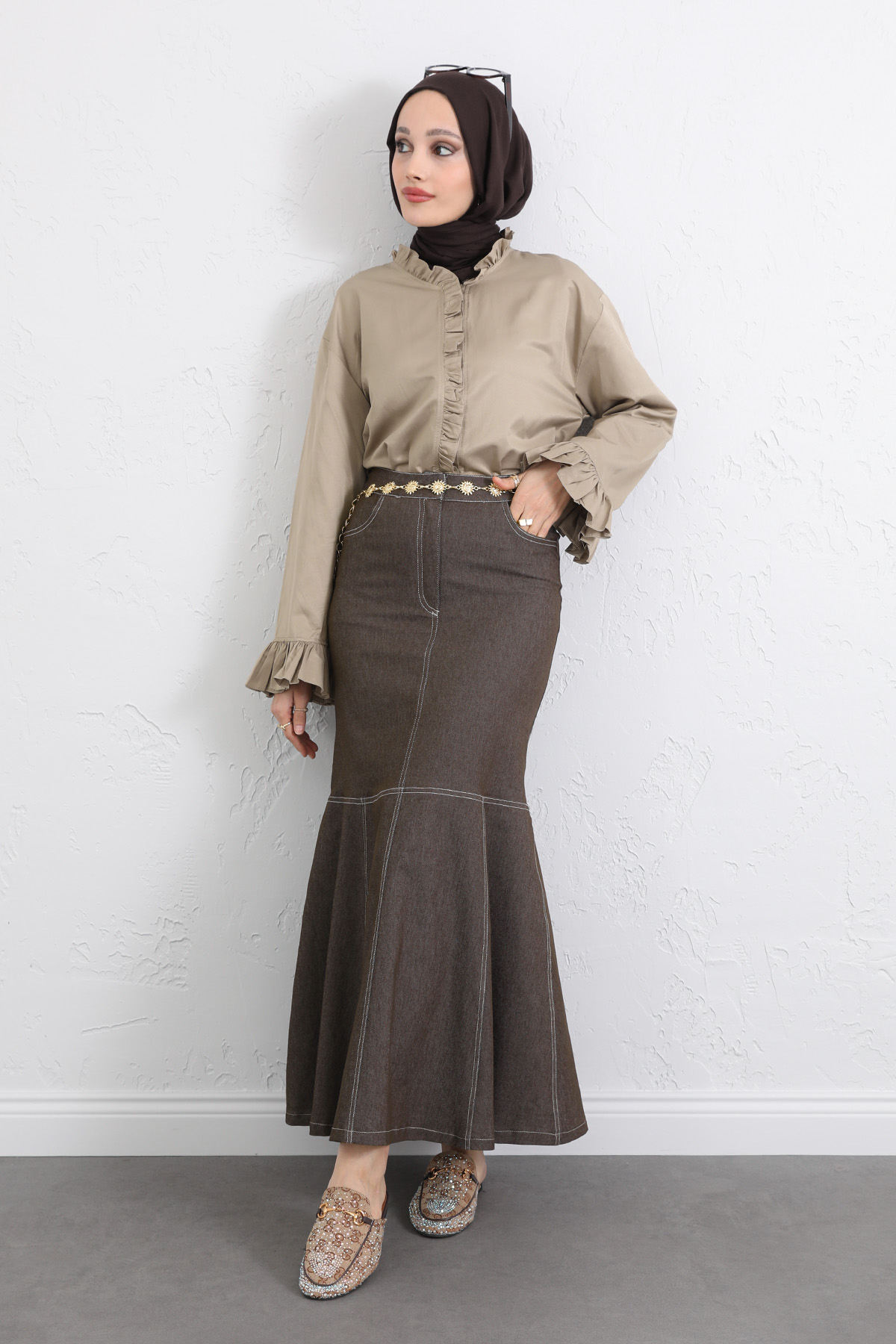 Kontrast Dikişli Denim Etek Y0115 - KAHVERENGİ |  