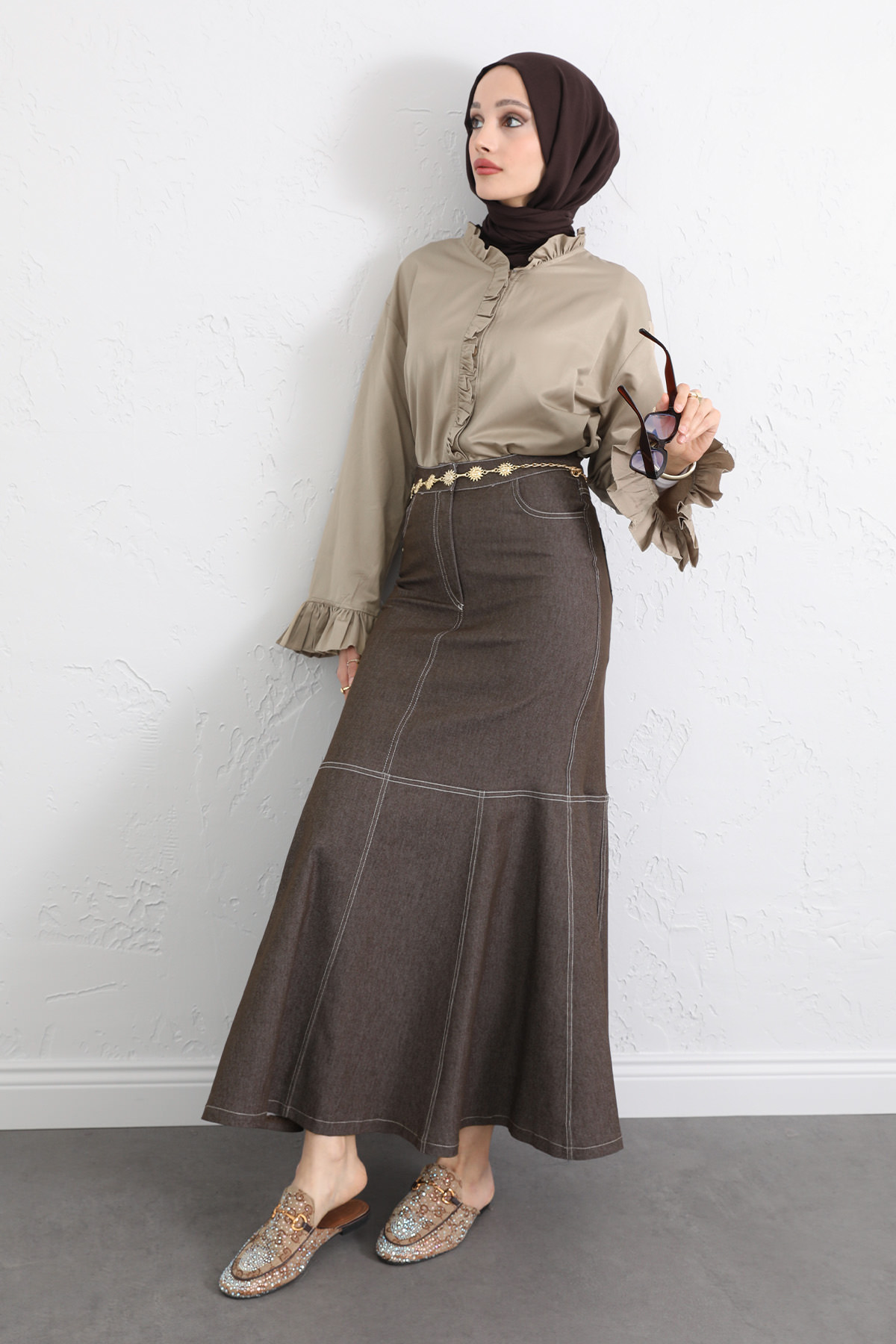 Kontrast Dikişli Denim Etek Y0115 - KAHVERENGİ |  
