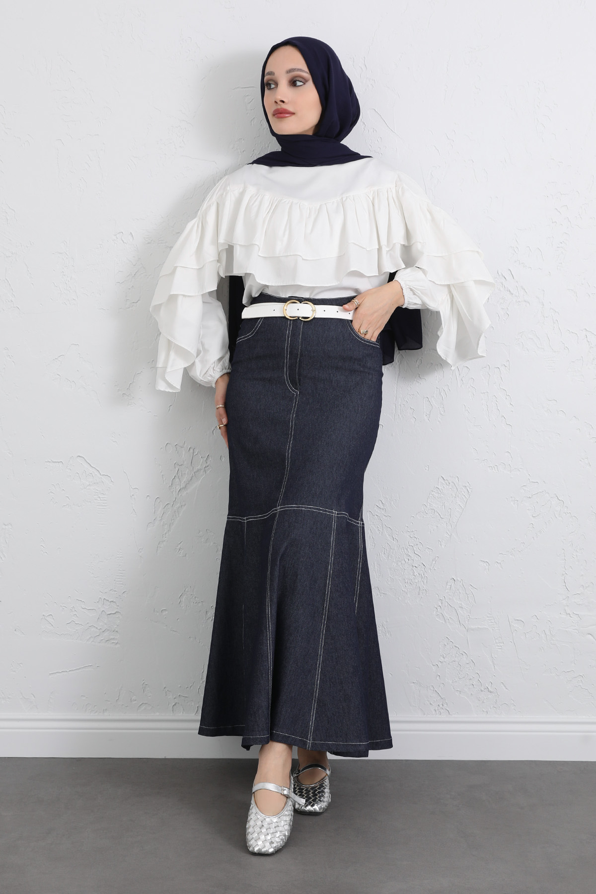 Kontrast Dikişli Denim Etek Y0115 - LACİVERT |  