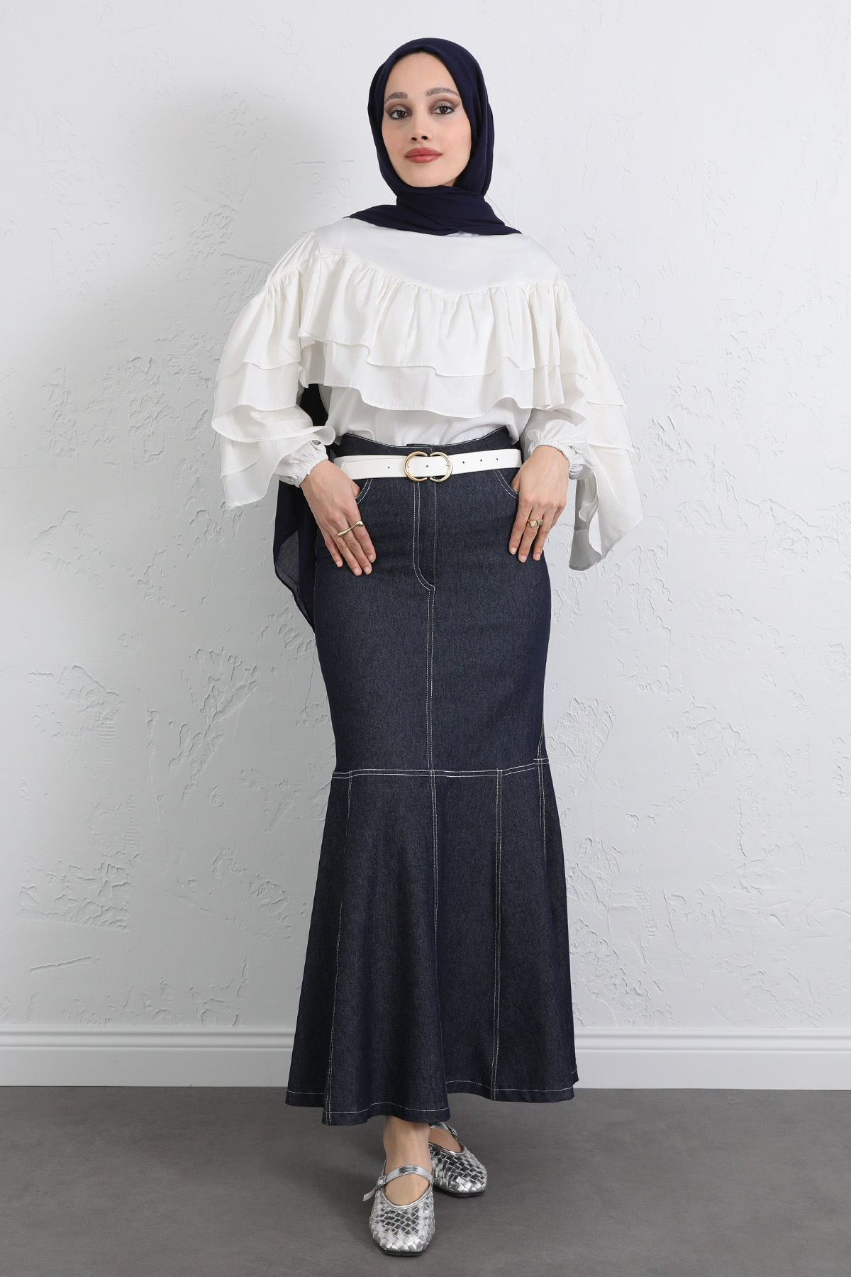 Kontrast Dikişli Denim Etek Y0115 - LACİVERT |  