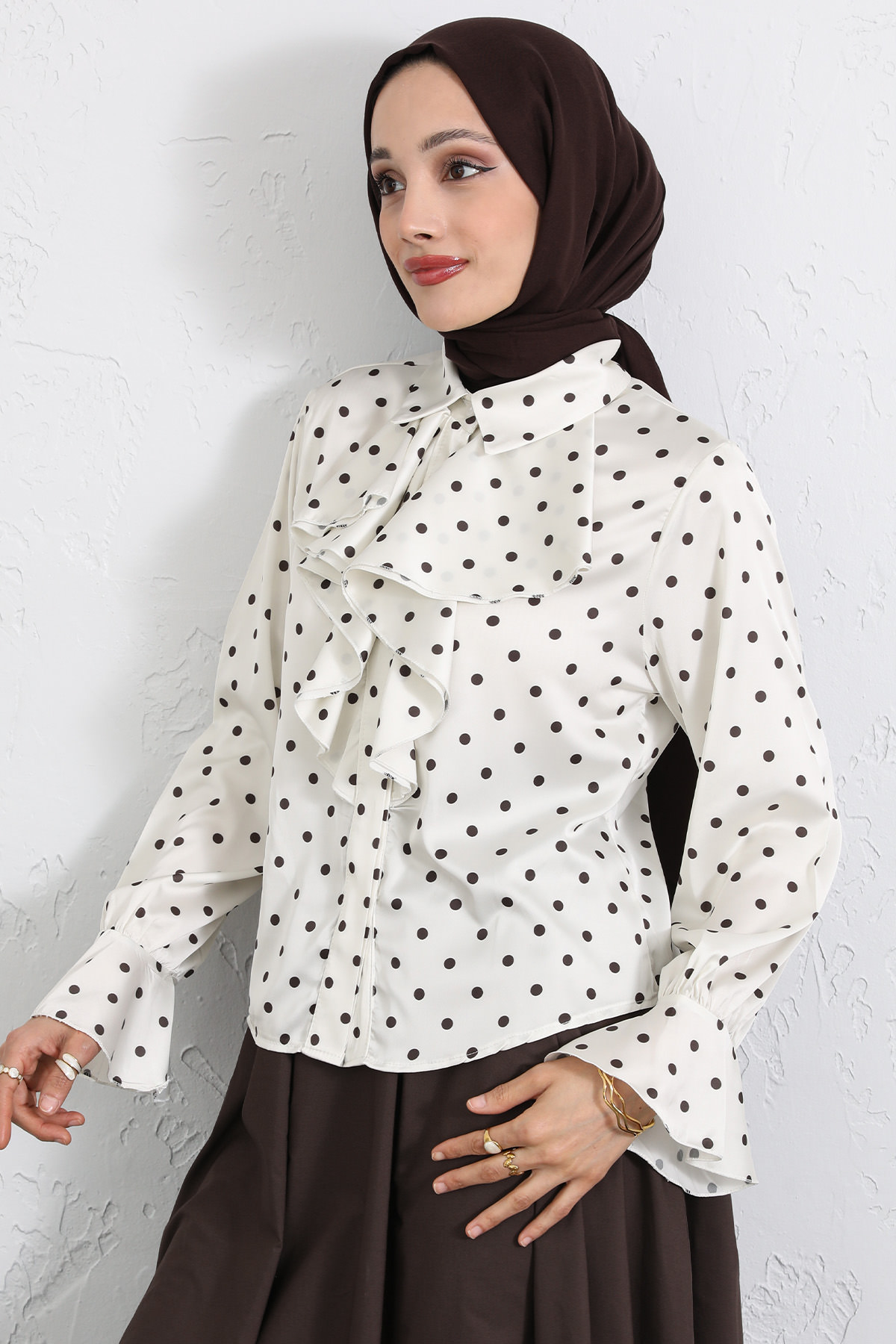 Puantiyeli Volan Yaka Gömlek Y0119 - EKRU |  