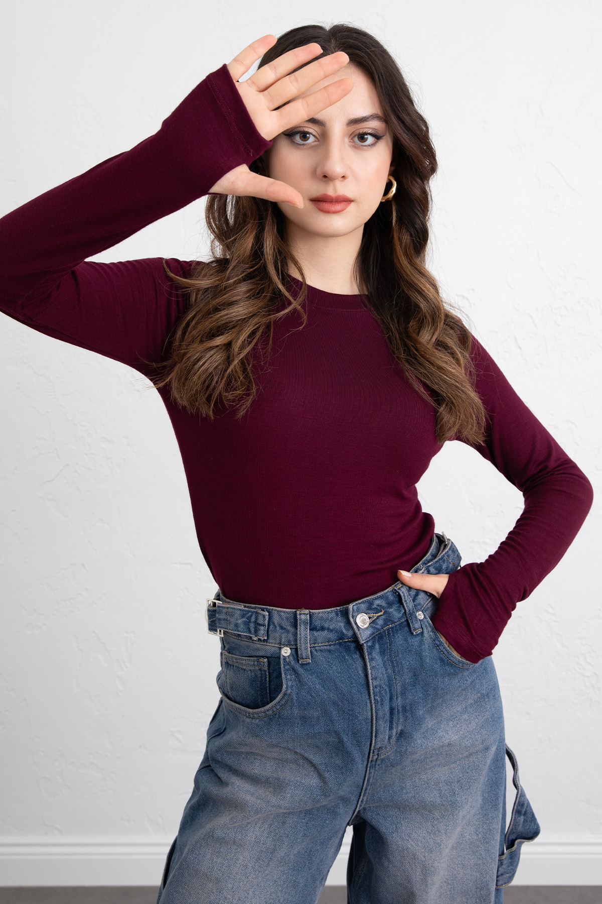 Parmak Geçirmeli Bluz Y2044 - BORDO |  