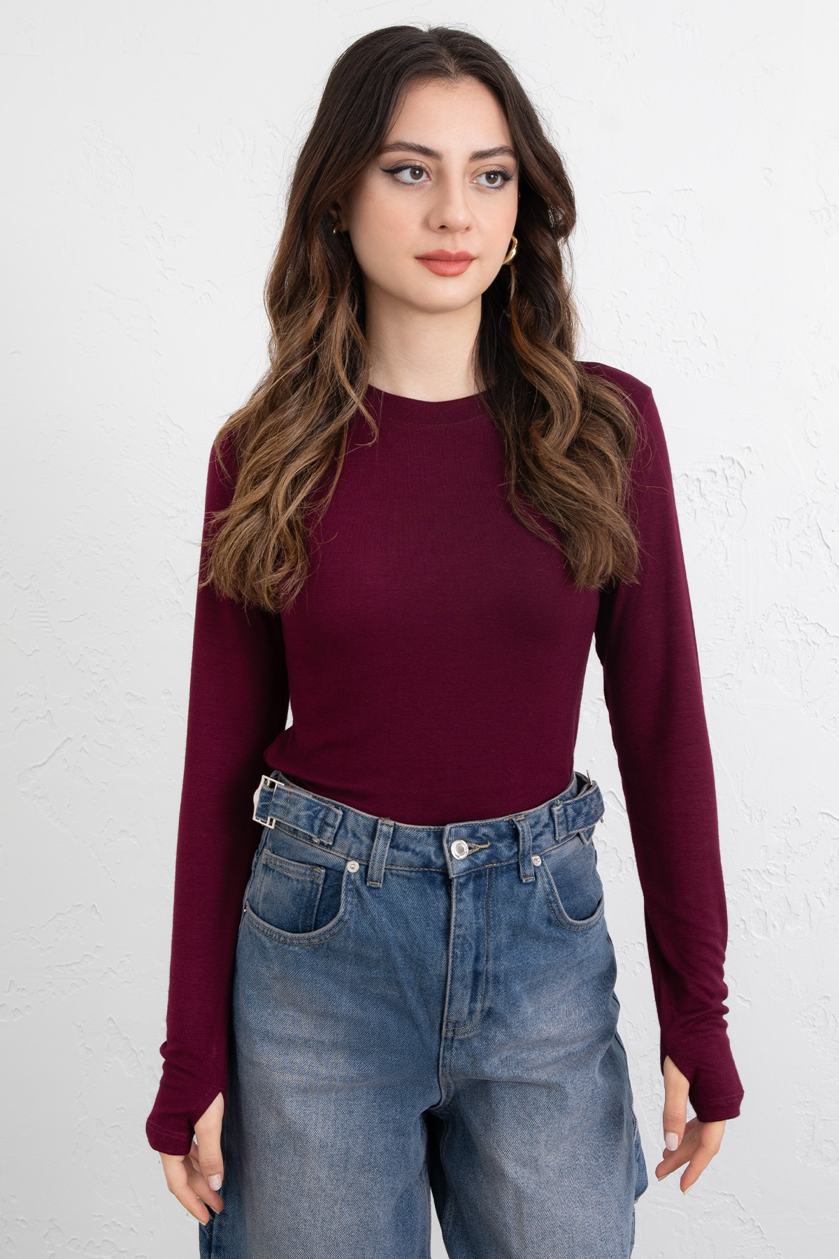 Parmak Geçirmeli Bluz Y2044 - BORDO |  