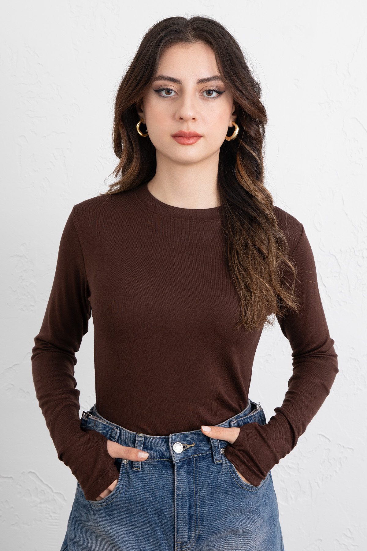 Parmak Geçirmeli Bluz Y2044 - KAHVERENGİ |  