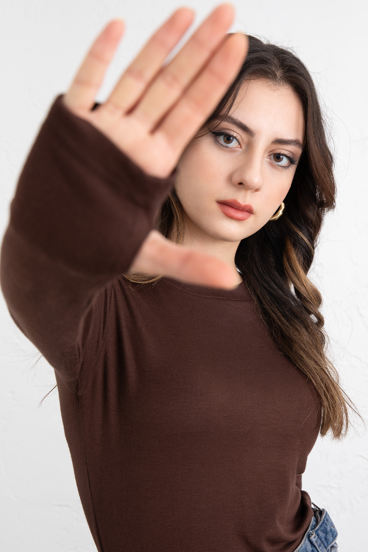 Parmak Geçirmeli Bluz Y2044 - KAHVERENGİ |  