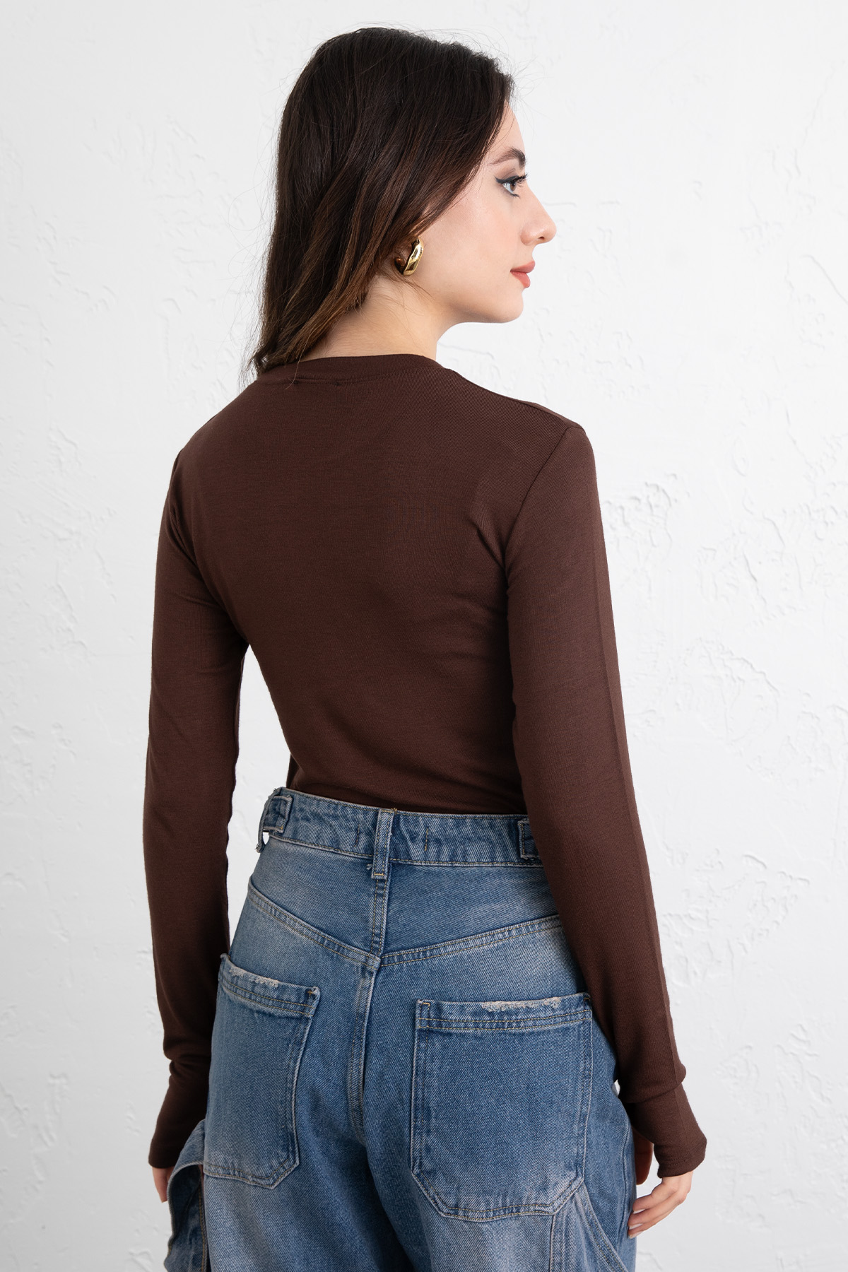 Parmak Geçirmeli Bluz Y2044 - KAHVERENGİ |  