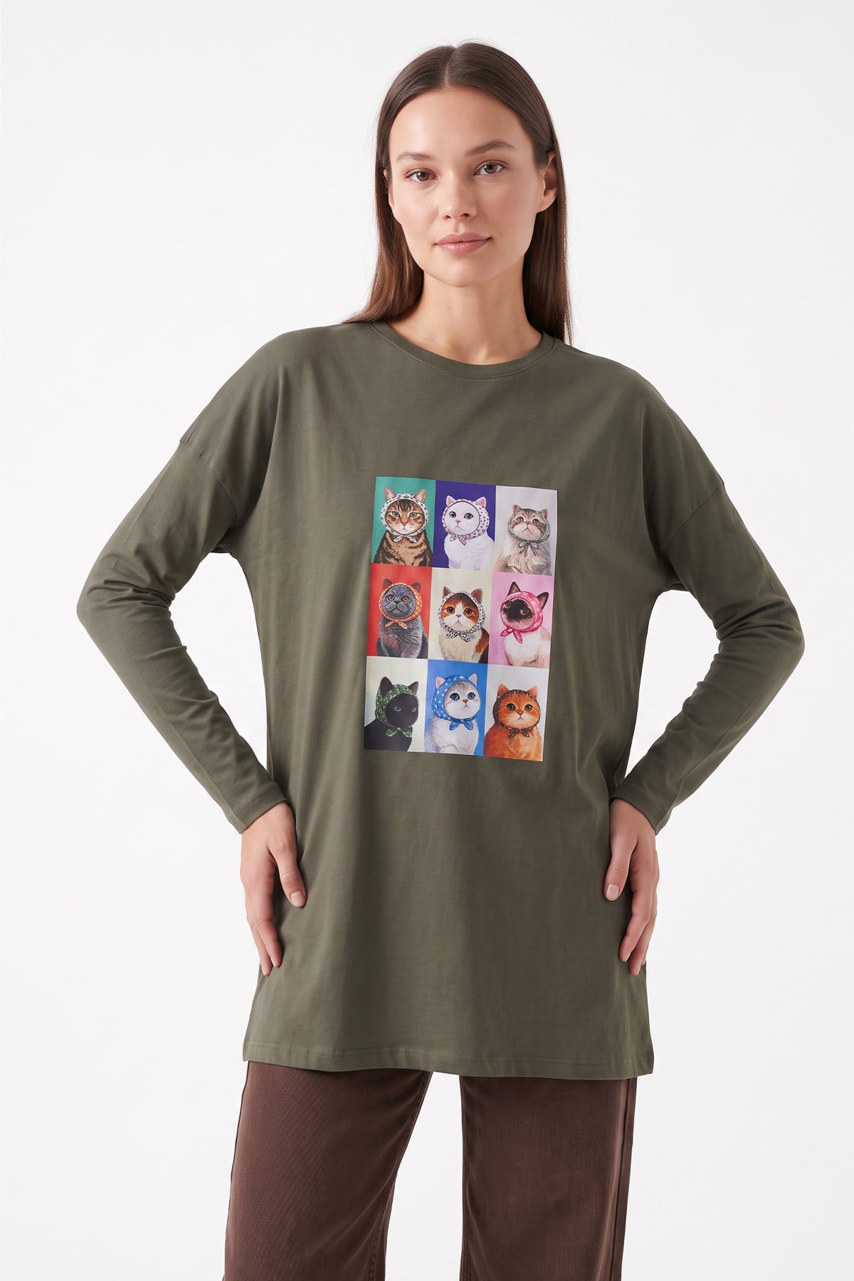 Kedi Baskılı Tunik 13230 - HAKİ | zenne.com 
