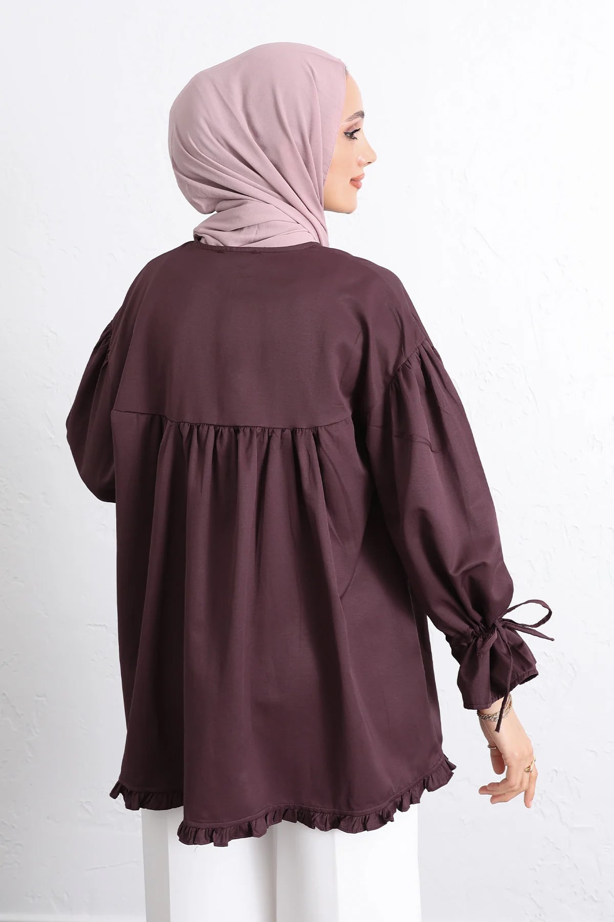 Kol Büzgülü Fırfırlı Gömlek Y0093 MÜRDÜM | zenne.com 