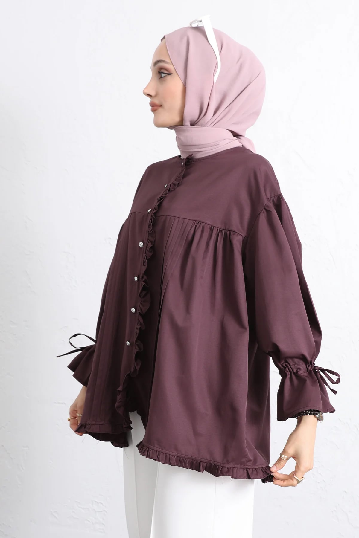 Kol Büzgülü Fırfırlı Gömlek Y0093 MÜRDÜM | zenne.com 