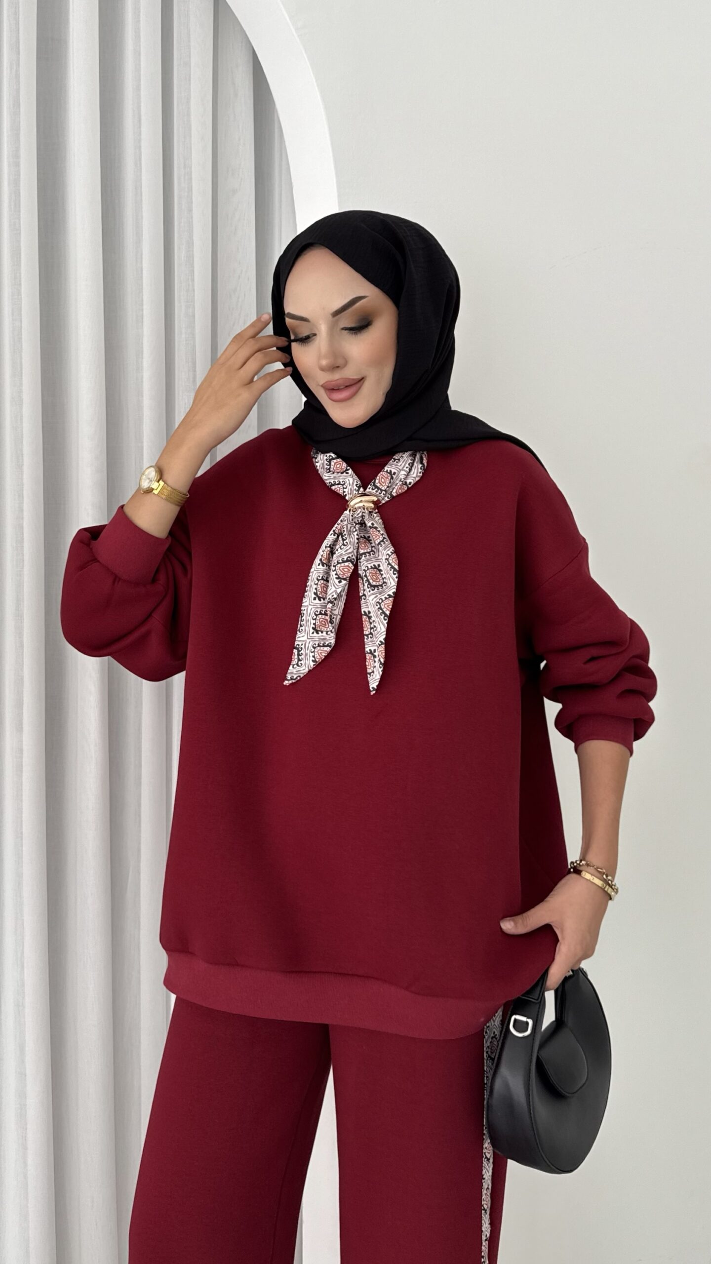 Fular Detaylı Şardonlu Sweat İkili Takım |  
