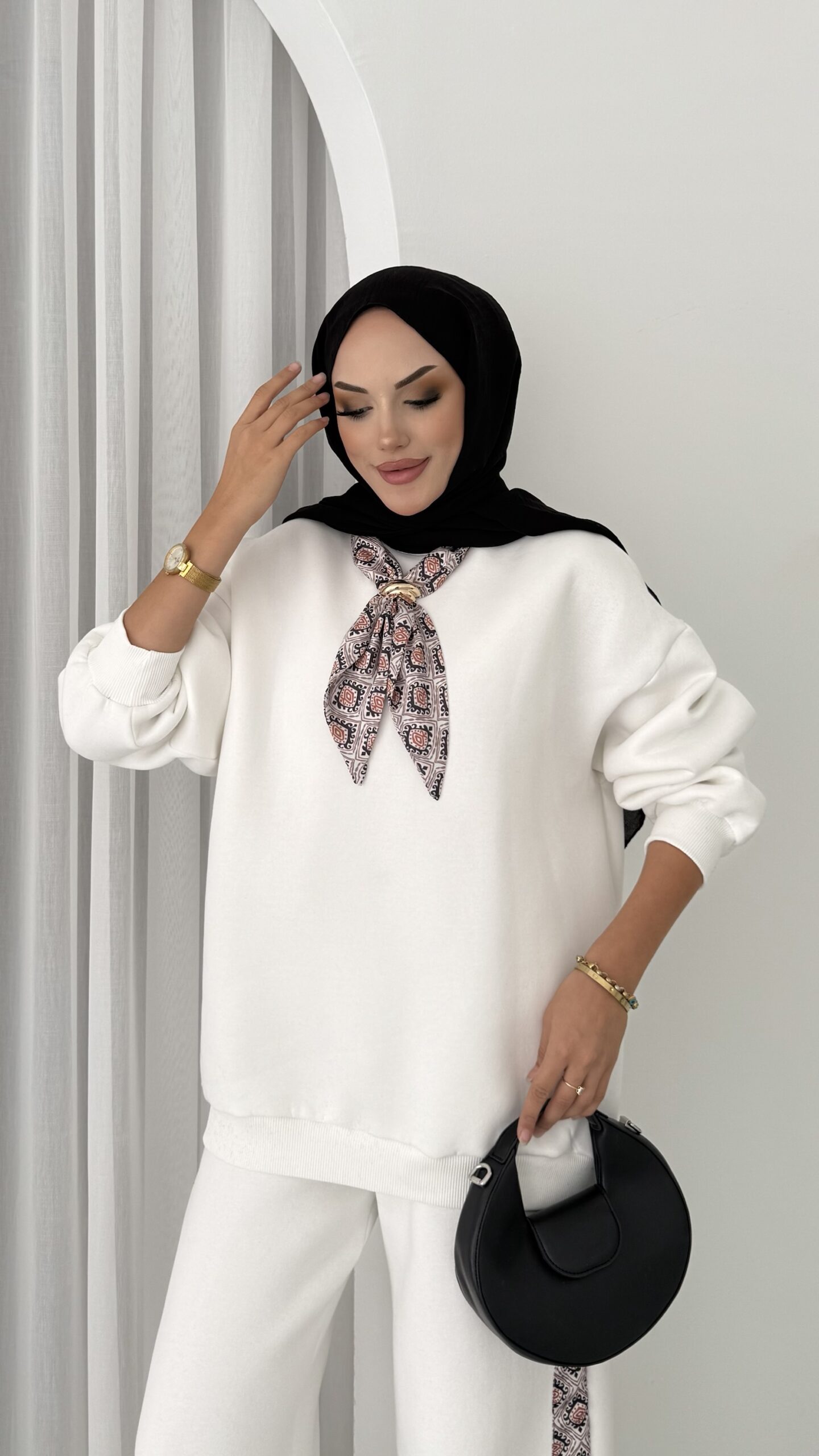 Fular Detaylı Şardonlu Sweat İkili Takım |  