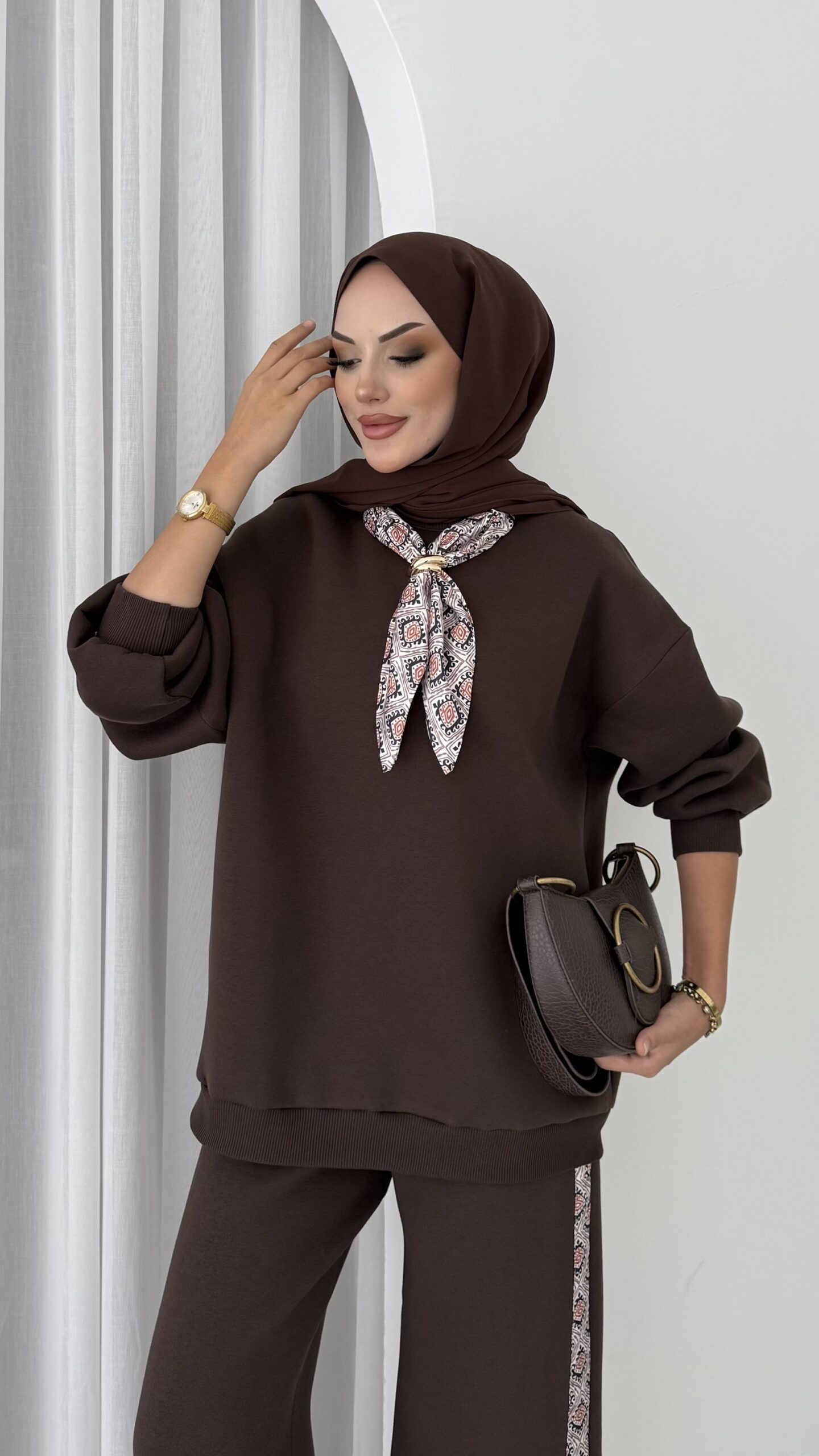 Fular Detaylı Şardonlu Sweat İkili Takım |  