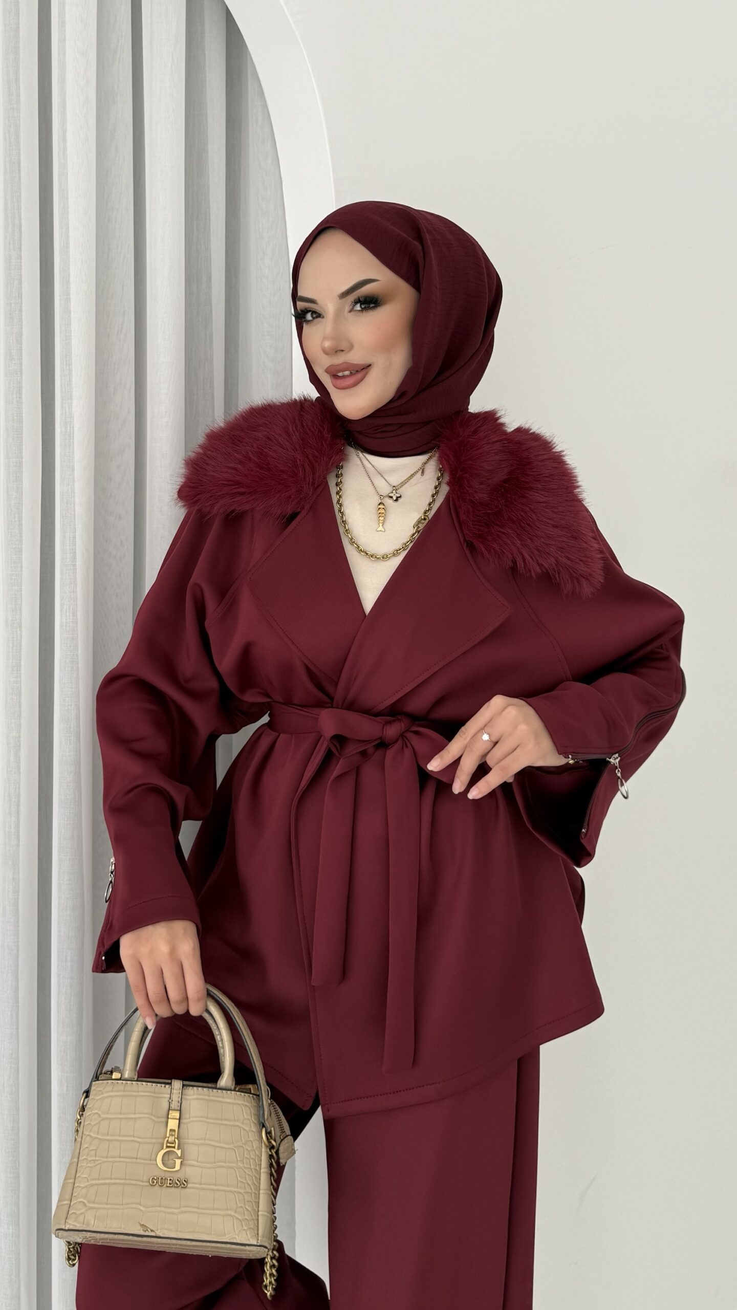 Elegant Kürklü Puf Scuba İkili Takım |  