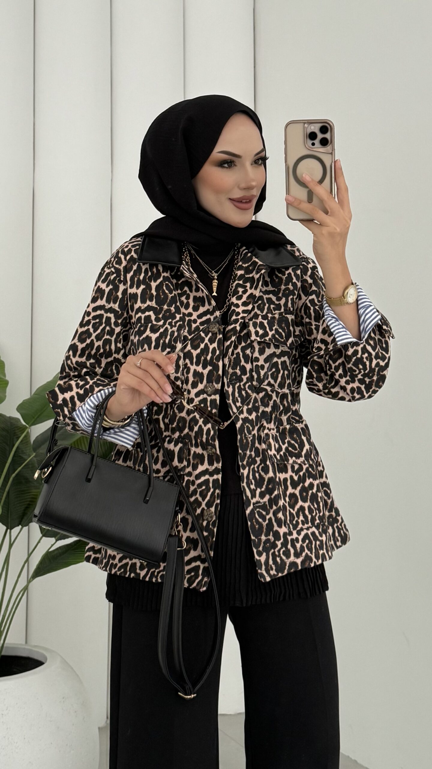 Muadil Leopar Desen Gabardin Mom Ceket |  