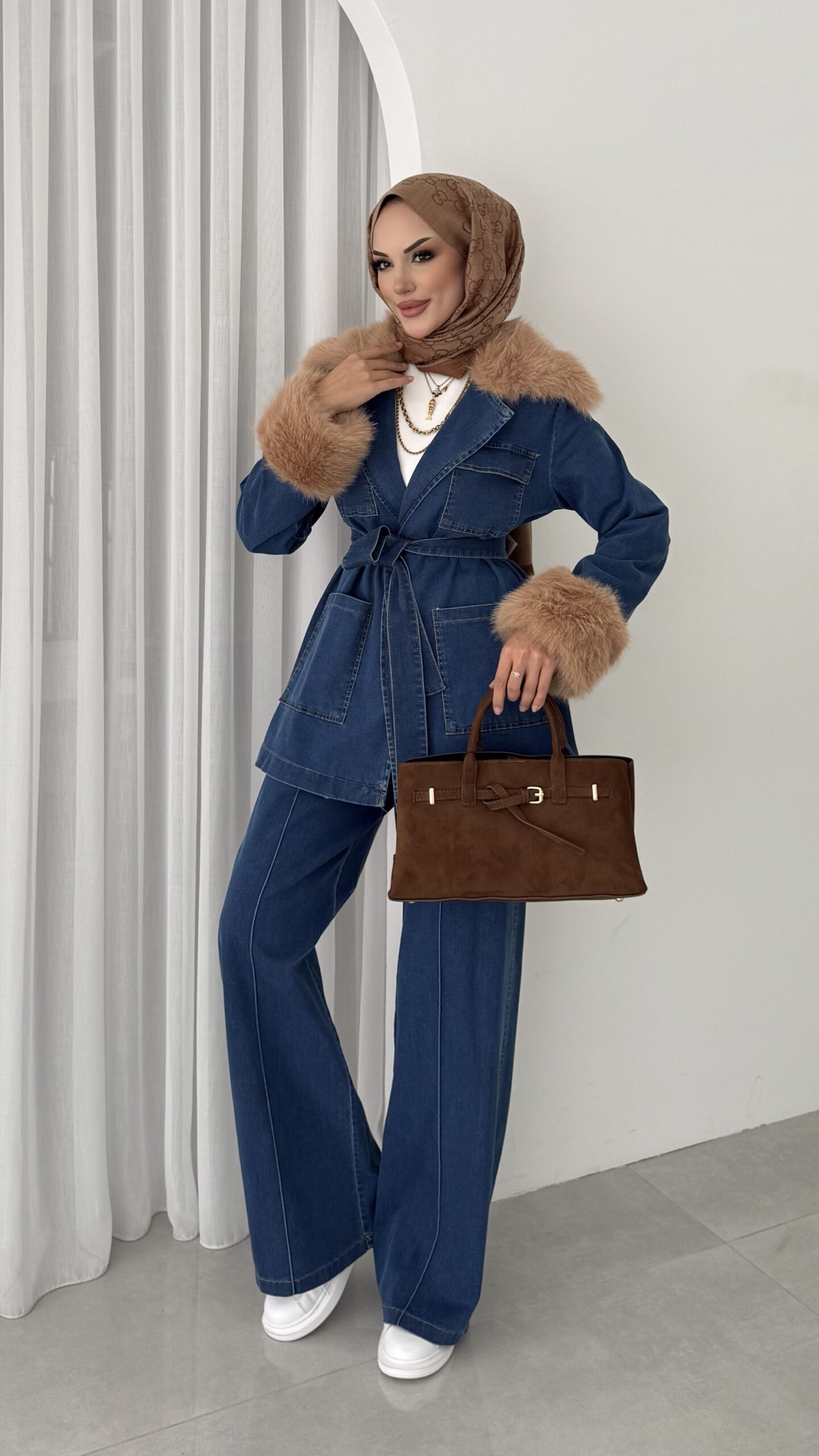 Luxury Kürklü Denim İkili Takım |  