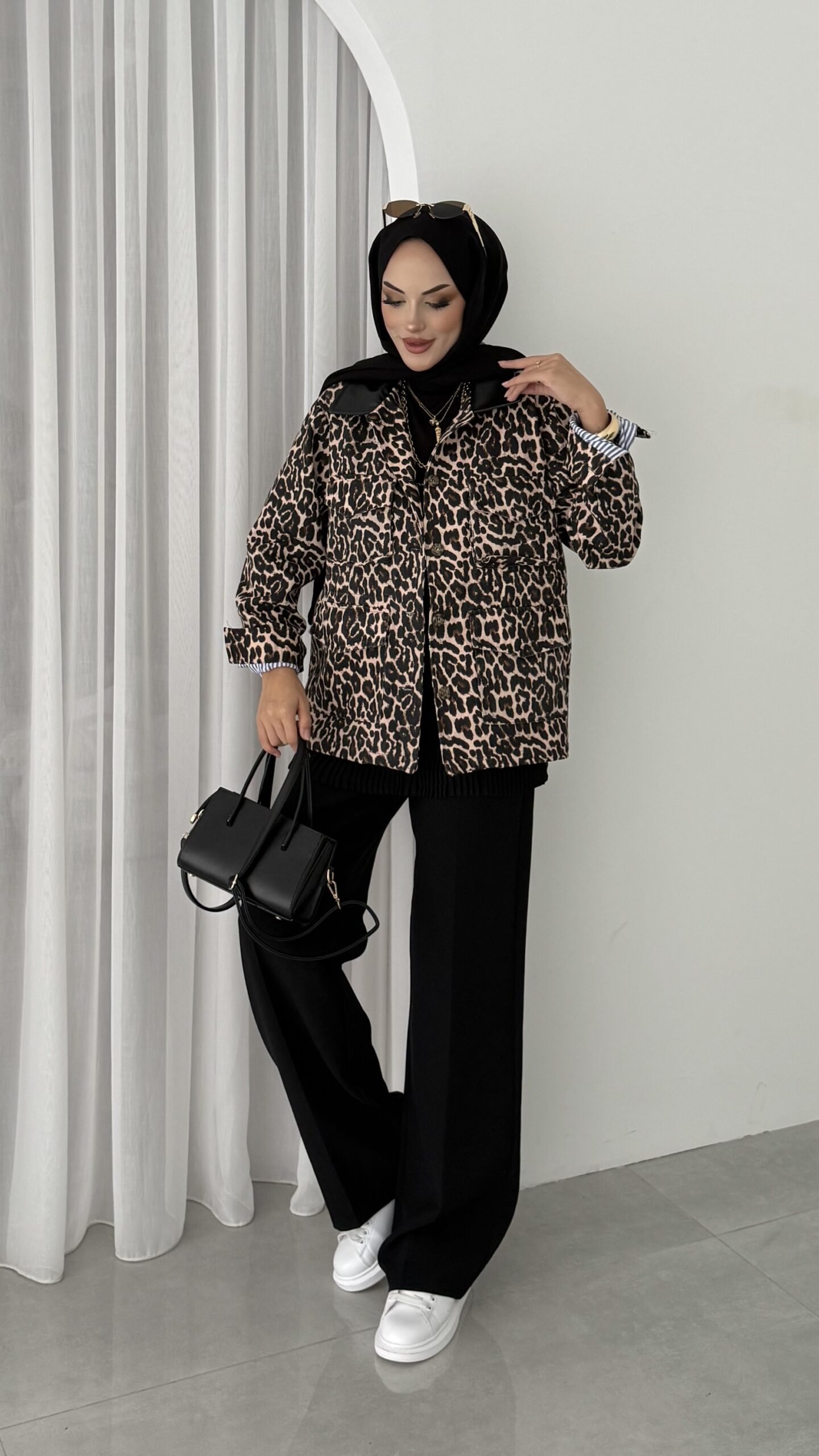 Muadil Leopar Desen Gabardin Mom Ceket |  