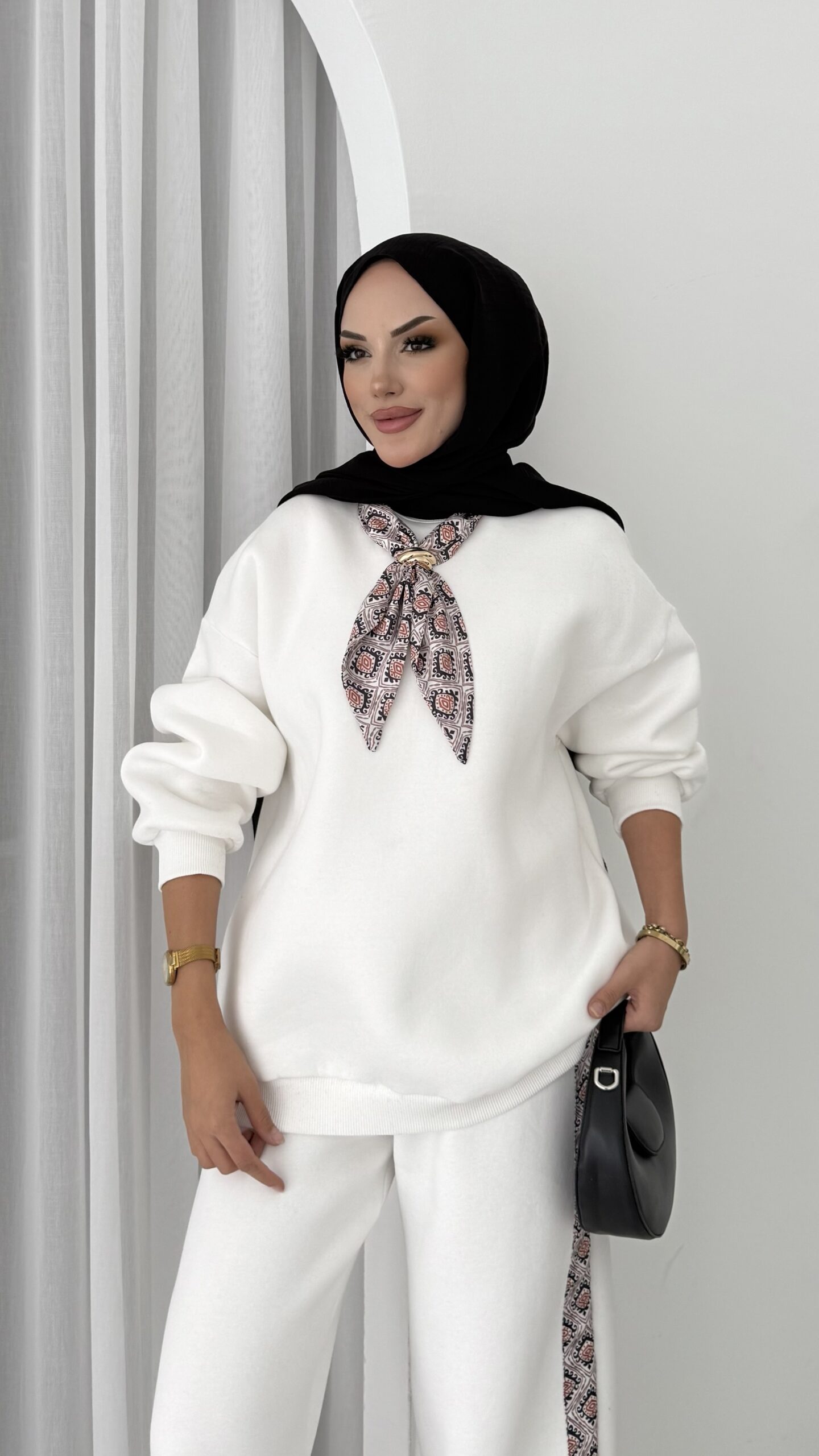 Fular Detaylı Şardonlu Sweat İkili Takım |  