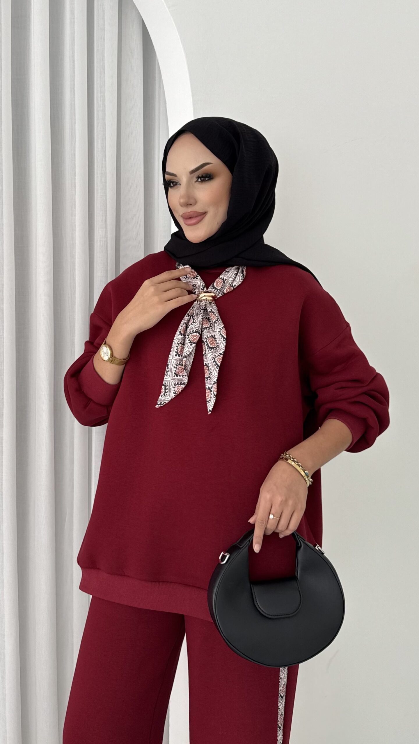 Fular Detaylı Şardonlu Sweat İkili Takım |  