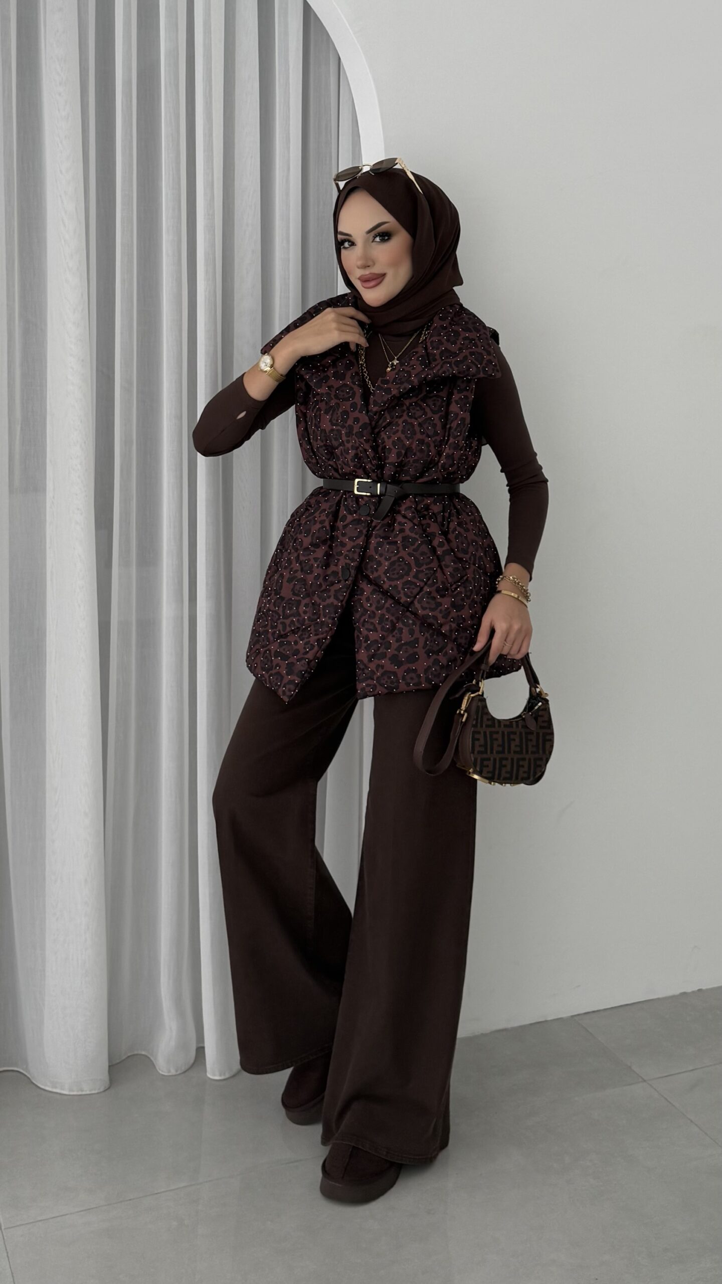 Shine Taşlı Leopar Yelek |  