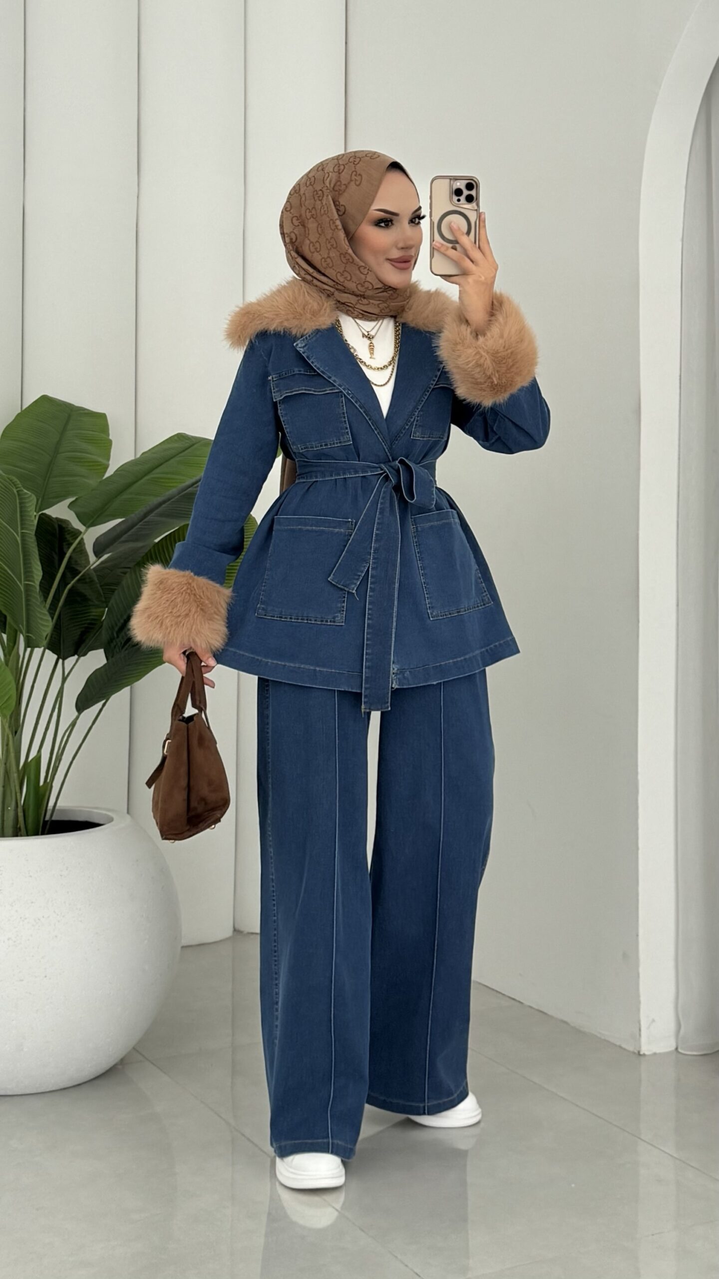 Luxury Kürklü Denim İkili Takım |  