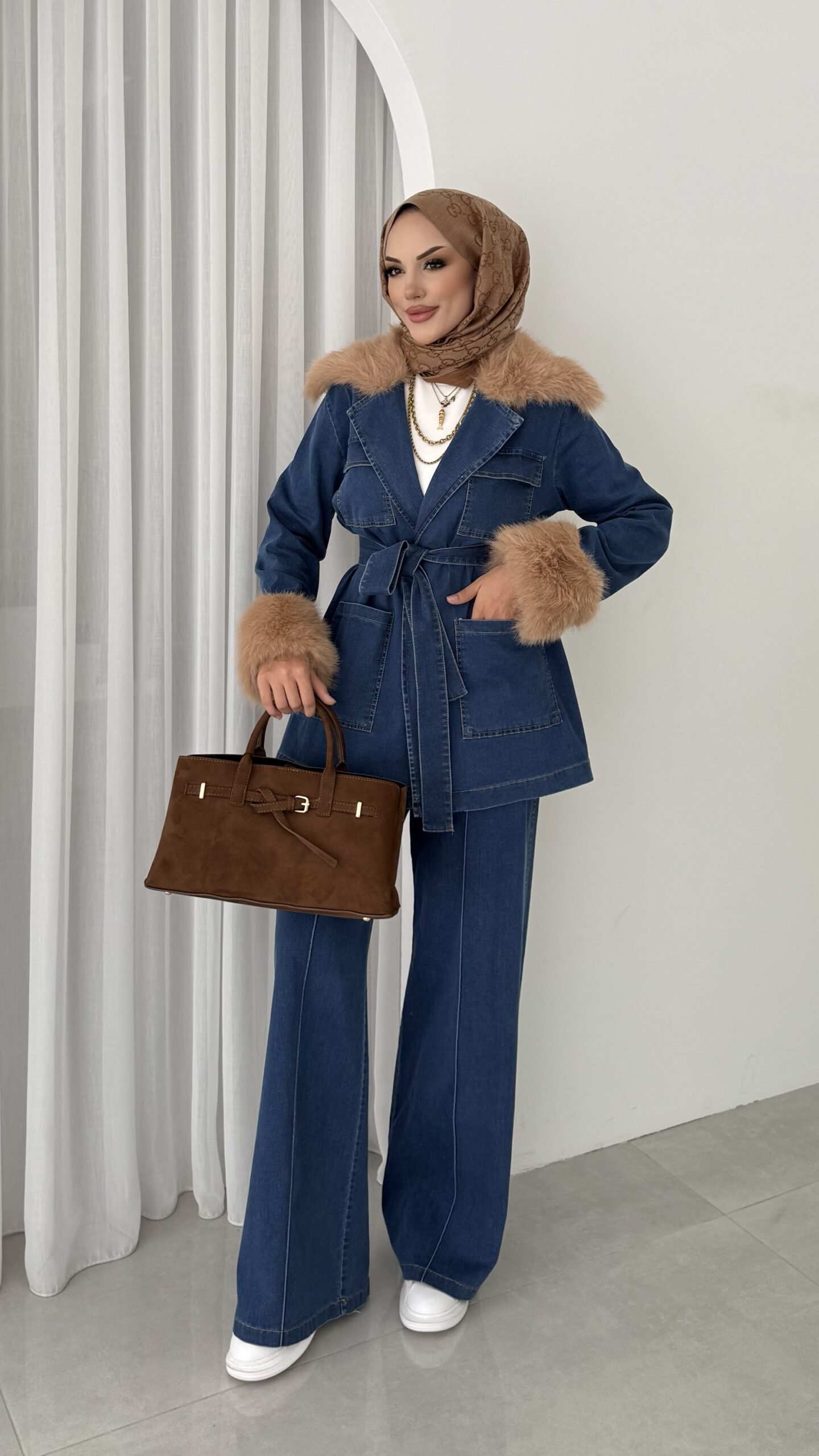 Luxury Kürklü Denim İkili Takım |  