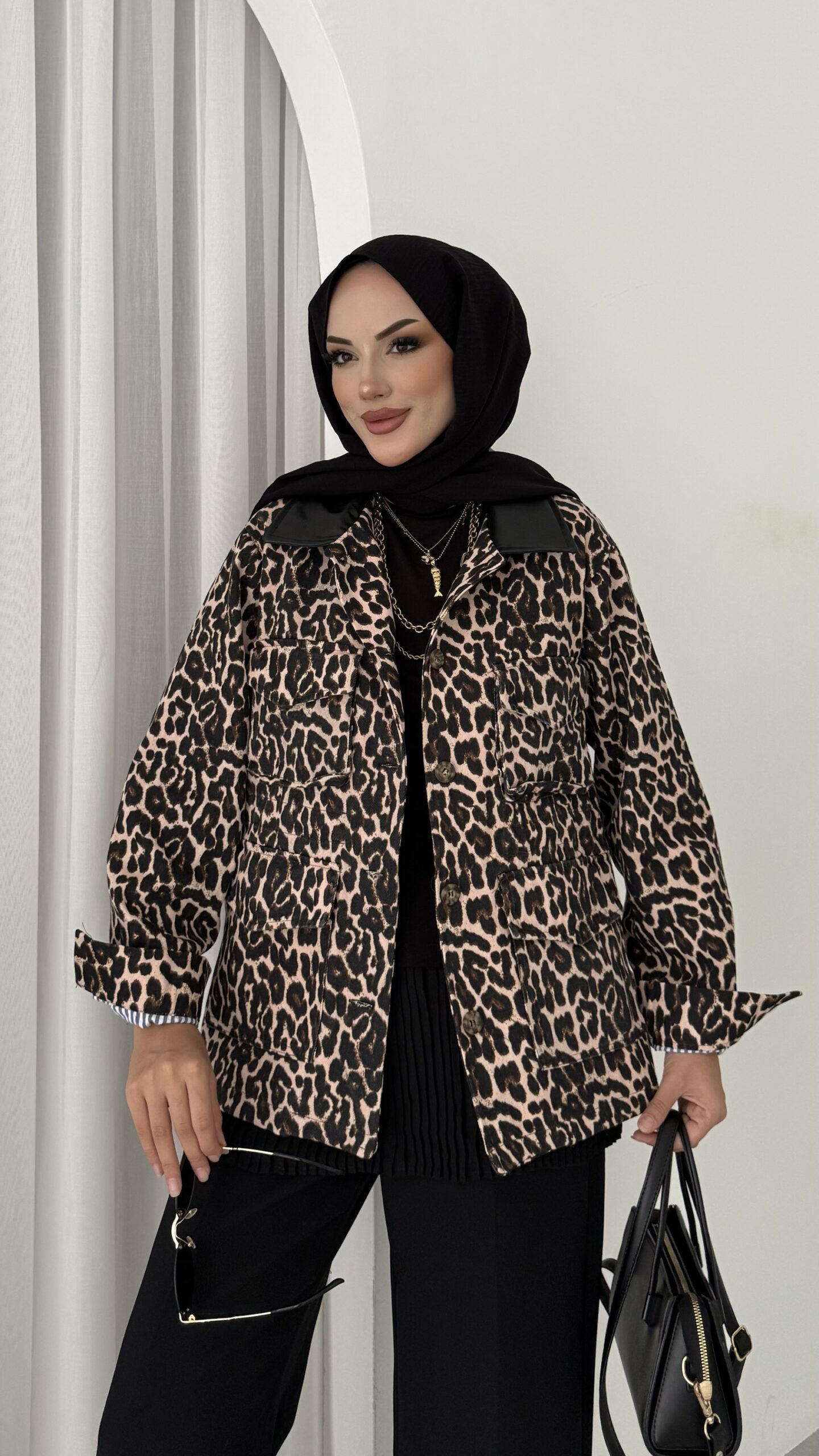 Muadil Leopar Desen Gabardin Mom Ceket |  