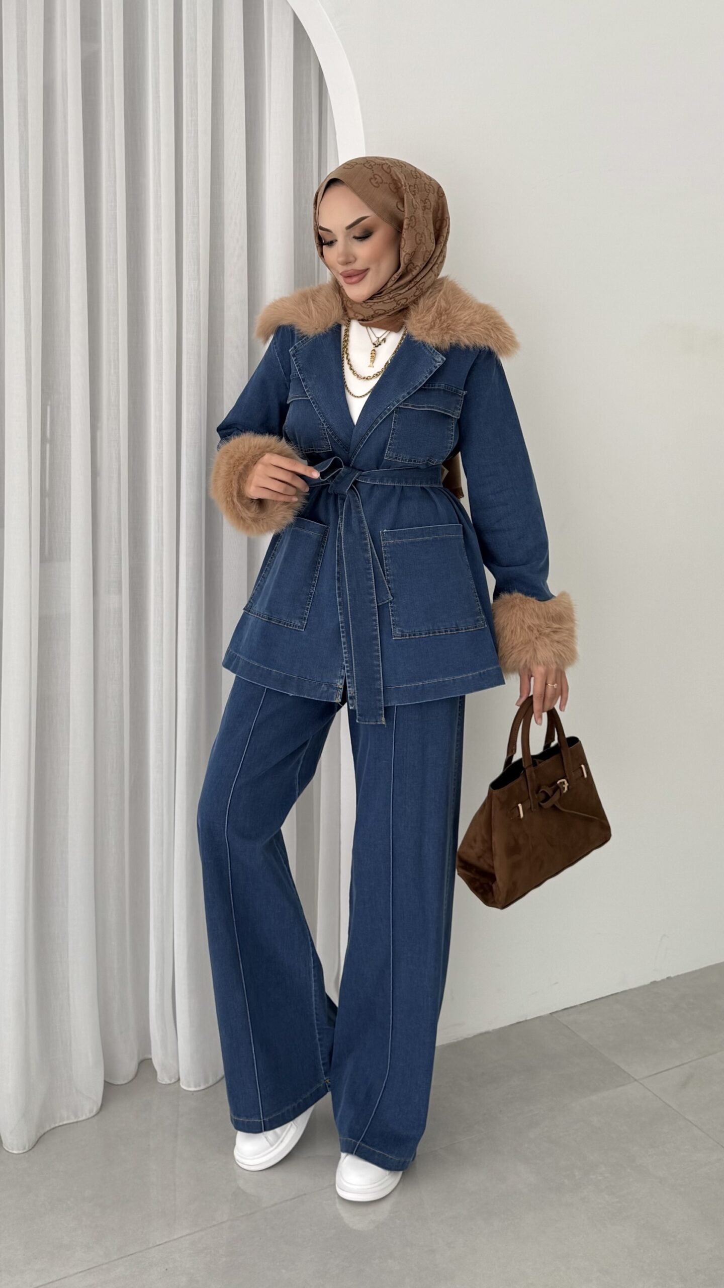 Luxury Kürklü Denim İkili Takım |  