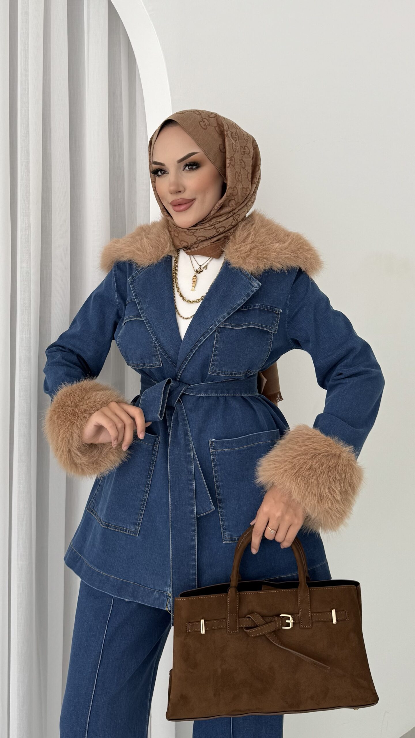 Luxury Kürklü Denim İkili Takım |  